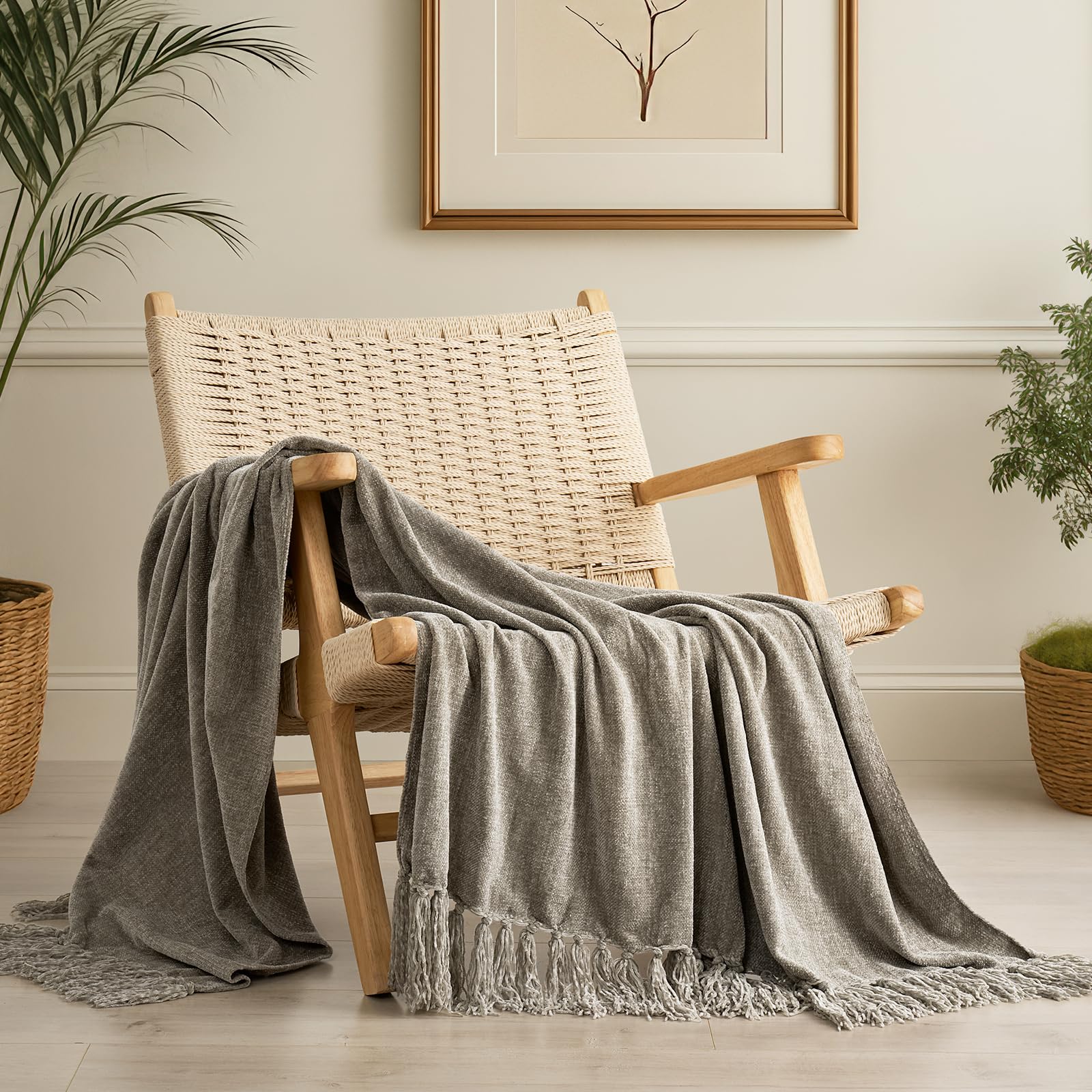 EverGrace Soft Chenille Bed Blanket Queen Size for Bed, Cozy Plush Fuzzy Lightweight Decorative Chenille Knit Throw Blanket with Tassels for Couch Sofa Gift Home Decor, Taupe 90"x90"