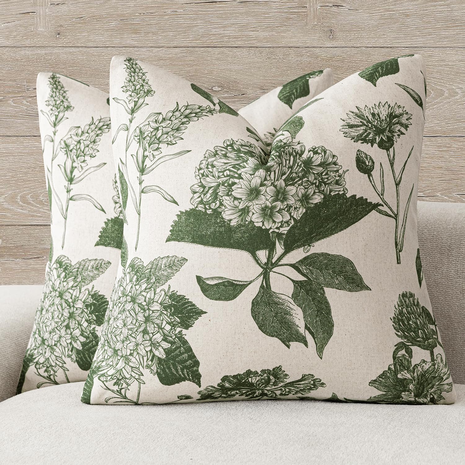 Foindtower Set of 2 Linen Floral Throw Pillow Covers Neutral Vintage Print Decorative Cushion Covers Farmhouse Boho Home Decor for Sofa Chair Couch Bedroom Living Room,22×22 Inch,Sage Green