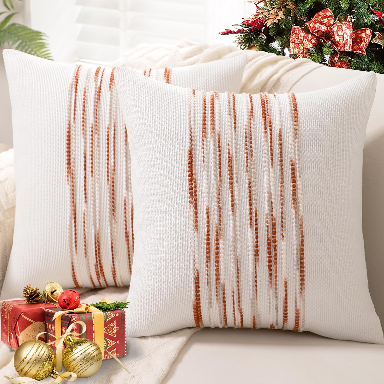 Boho Throw Pillow Covers 18x18 Set of 2 Farmhouse Decorative Cushion Case Striped Square Pillows Cover Chenille Pillow Cases Accent Neutral Pillowcase for Sofa Couch Bed,Yellow