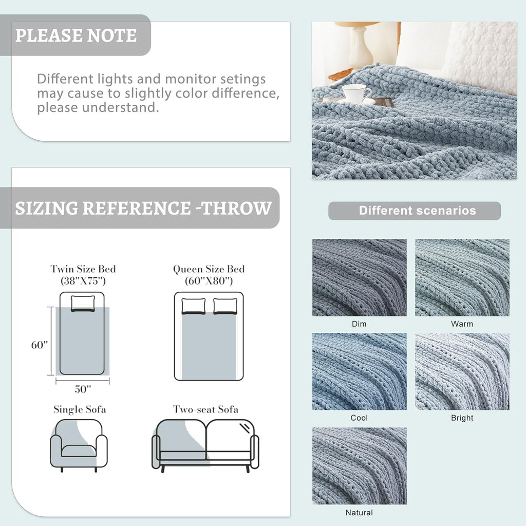 Battilo Chunky Knit Throw Blanket for Couch, Soft and Thick Chenille Throw Blanket, 50"x60" Handmade Cable Knit Crochet Blanket, Bluish Grey Knot Knitted Throw Blankets for Home Decor, Bluish Grey