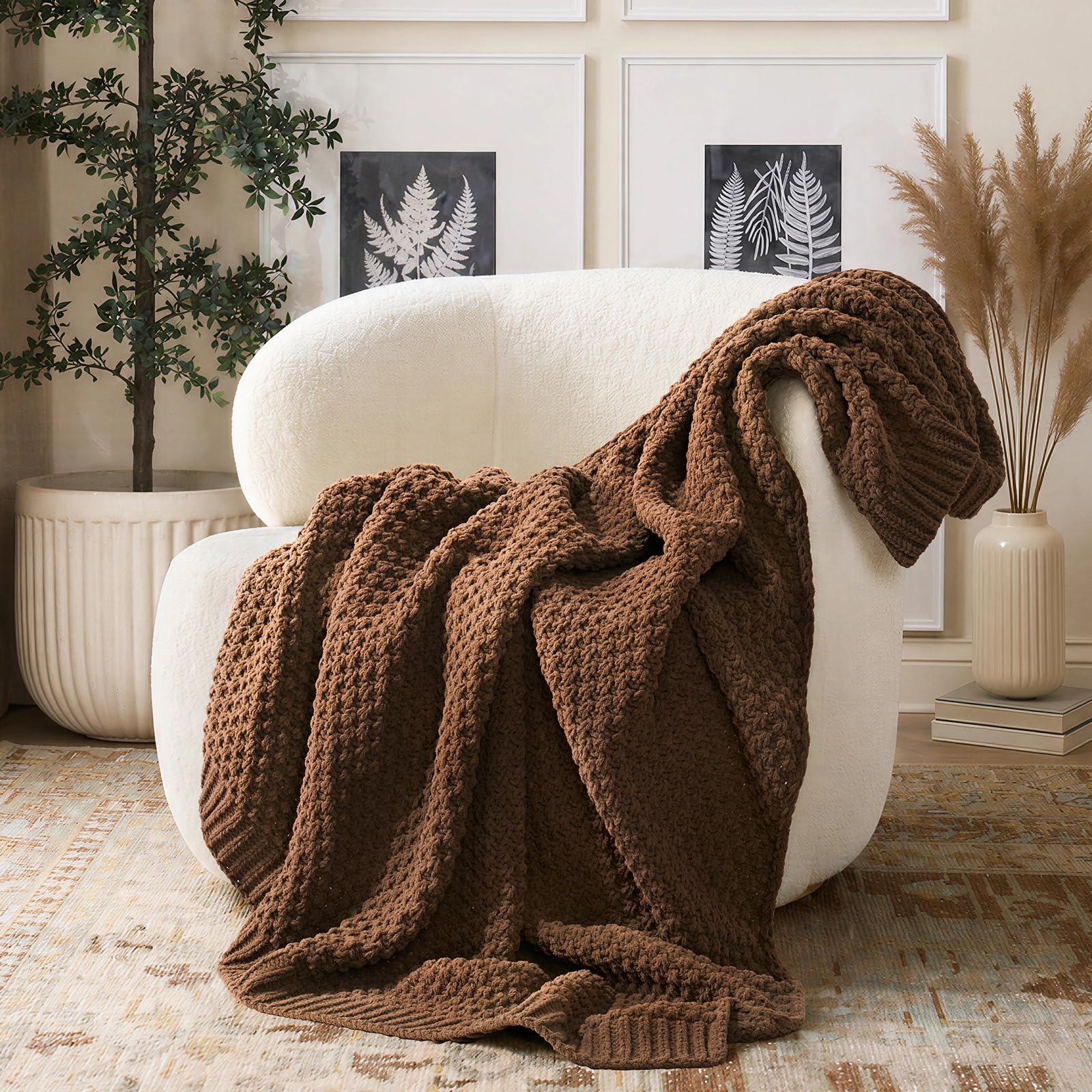 EVERGRACEHOME Chunky Chenille Knit Throw Blanket for Couch, Soft Luxurious Moss Stitch Blankets for Bed, Cozy Decorative Farmhouse Knitted Throws for Sofa, Mocha Brown, 50" x 60"