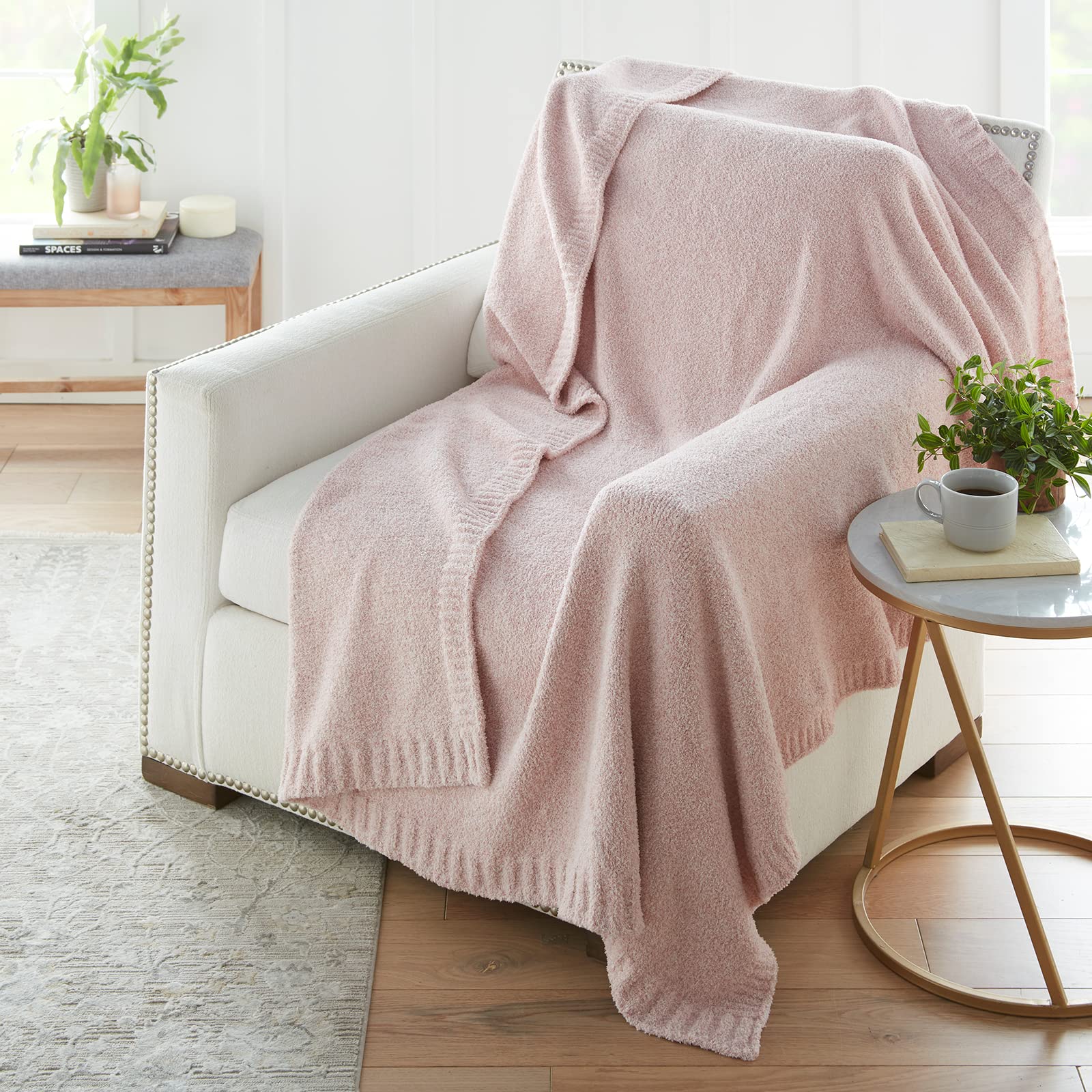Crafted by Catherine Heathered Cozy Knit Throw Blanket 60" x 70" Inches, Soft Comfy Decorative Throw for Couch Bed Sofa Travel, Lotus Heathered