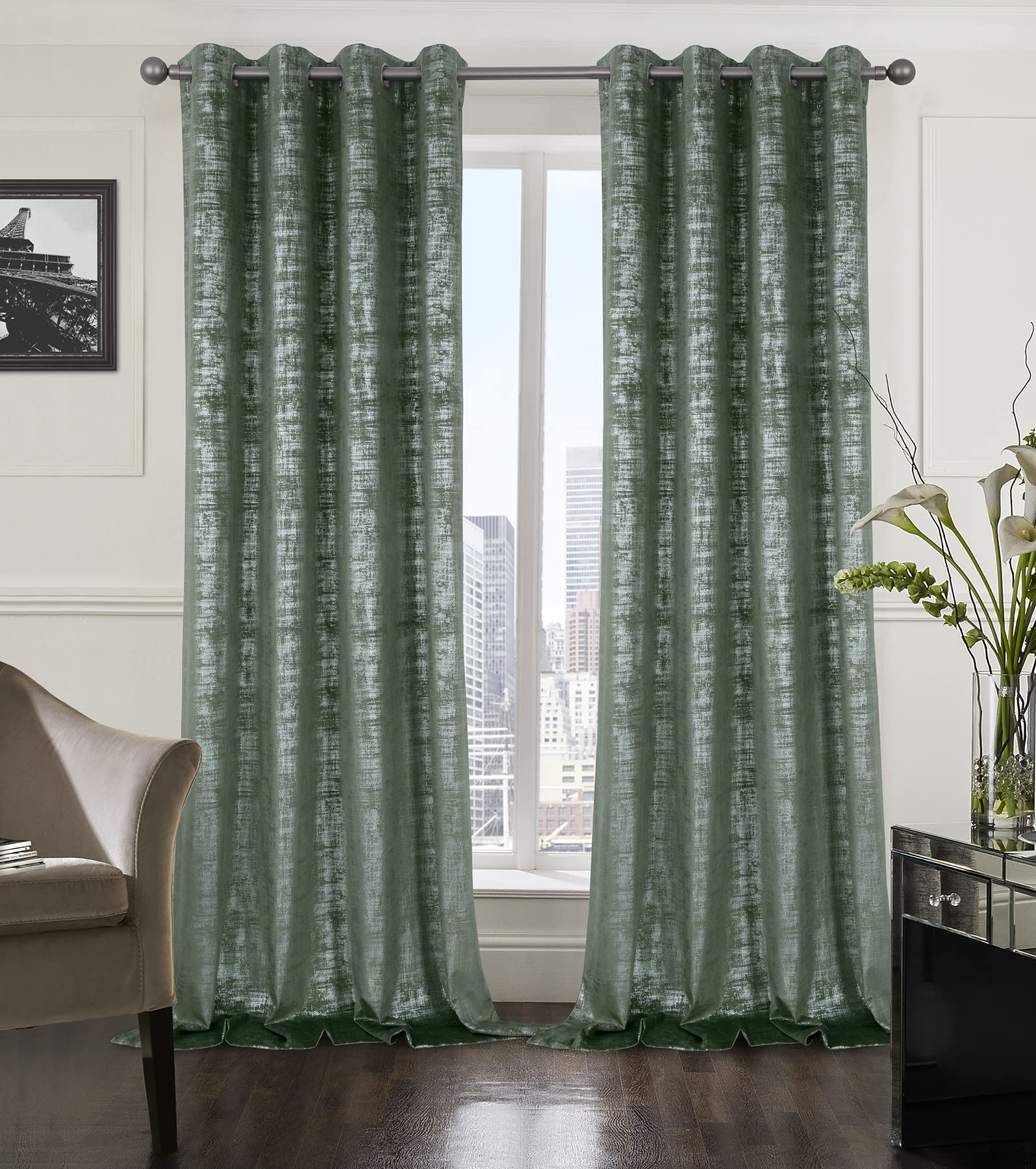Mocha Velvet 108" Long Curtains with Gold Foil Print Set of 2 Luxury Window Treatments