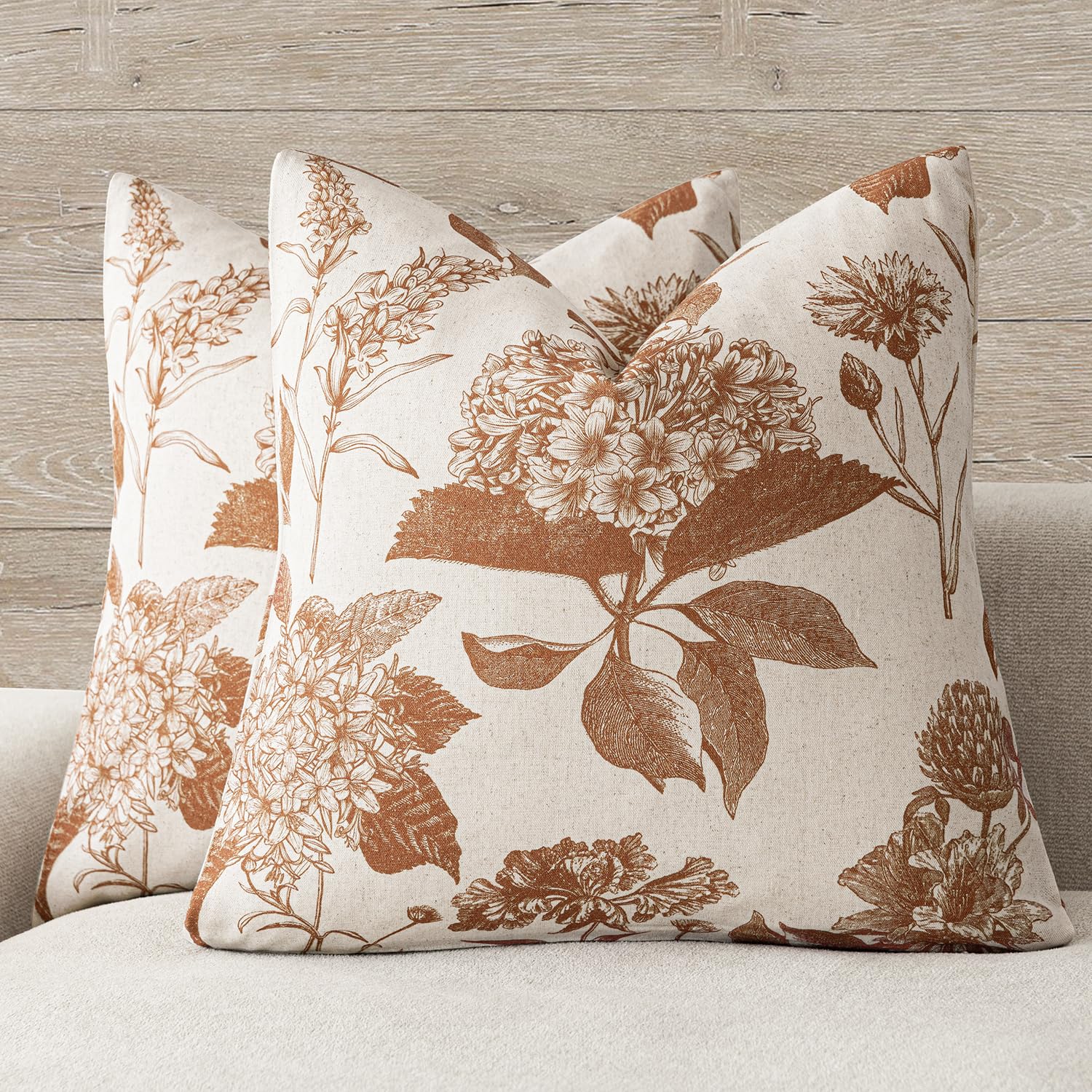 Foindtower Set of 2 Linen Floral Throw Pillow Covers Neutral Vintage Print Decorative Cushion Covers Farmhouse Boho Home Decor for Sofa Chair Couch Bedroom Living Room,22×22 Inch,Sage Green