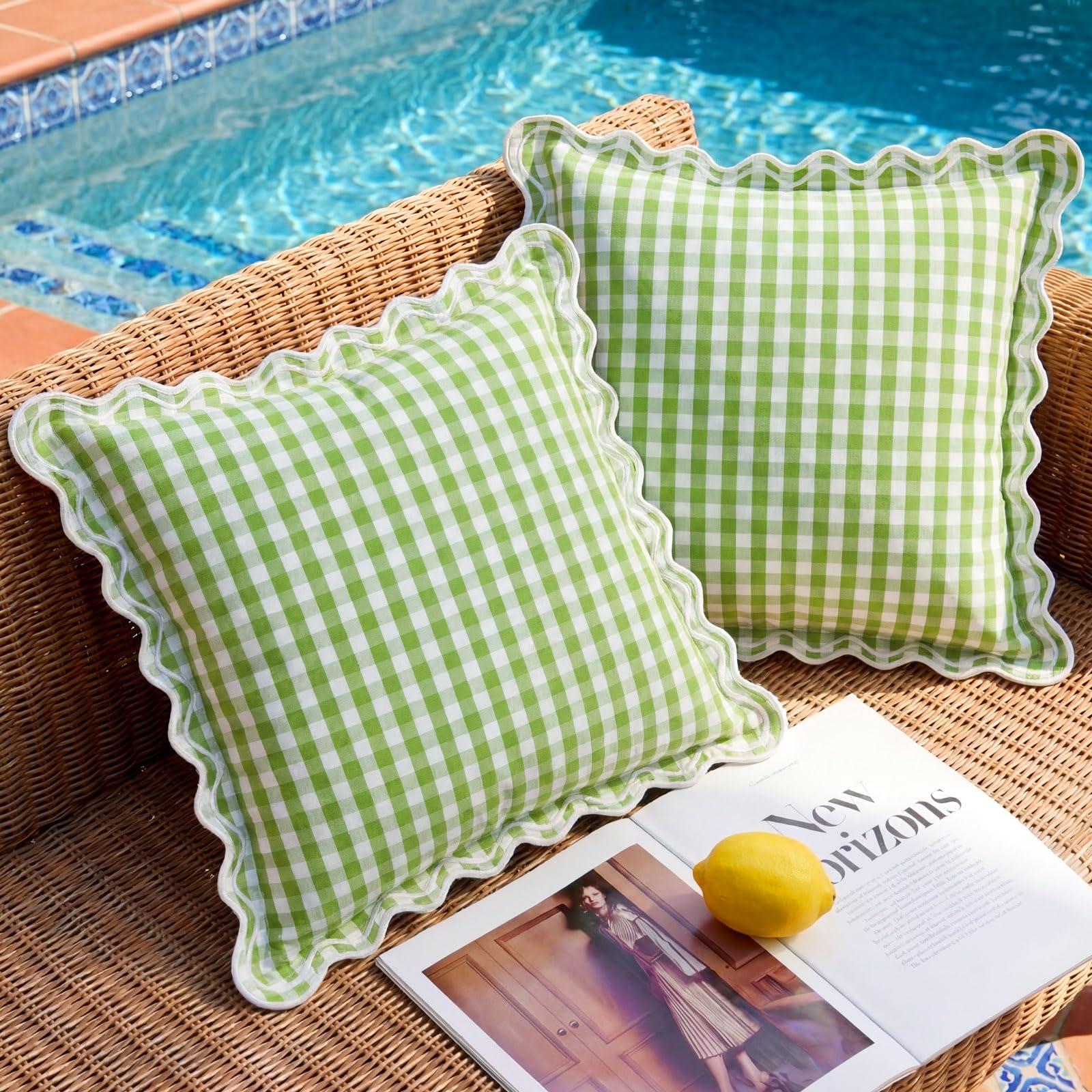 12x20 Navy Blue Gingham Plaid Scalloped Outdoor Lumbar Pillows Waterproof & Fade-Resistant Set of 2, Coastal Checkered Embroidered Ruffle Pillow Covers Decorative for Patio Furniture, Beach Decor