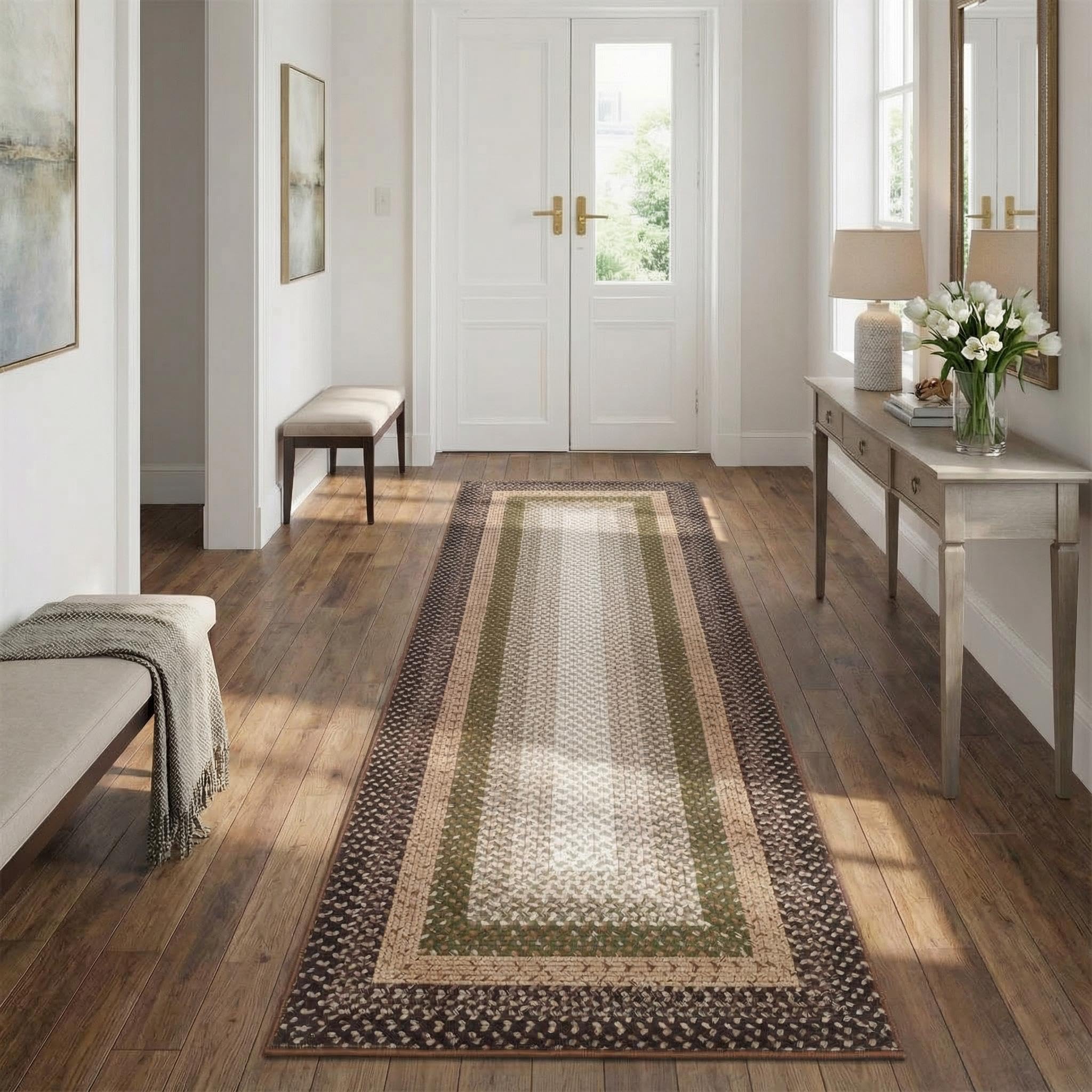8x10 Natural Braided Washable Farmhouse Rug Non Slip Stain Resistant Low Pile Carpet