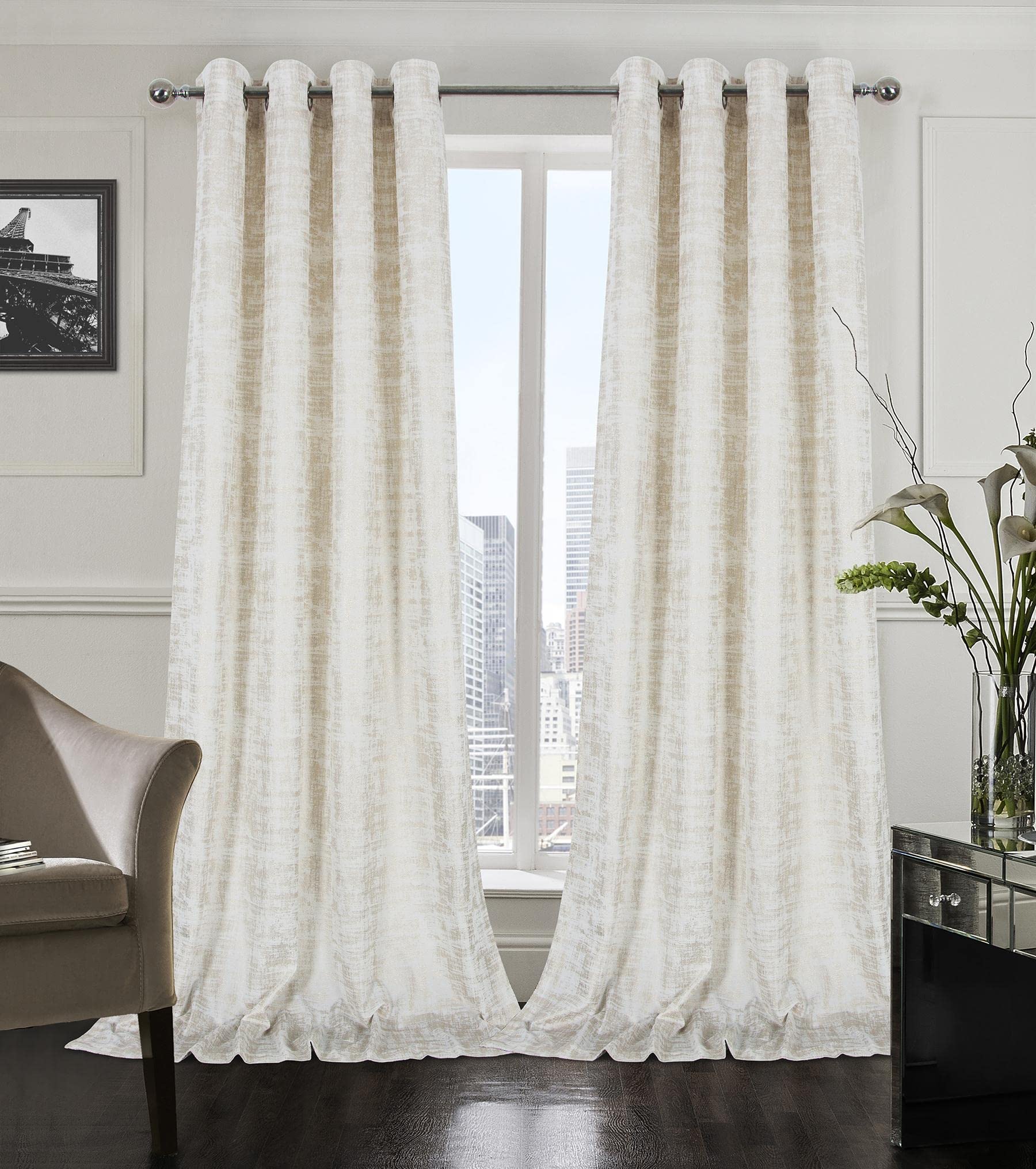 Mocha Velvet 108" Long Curtains with Gold Foil Print Set of 2 Luxury Window Treatments