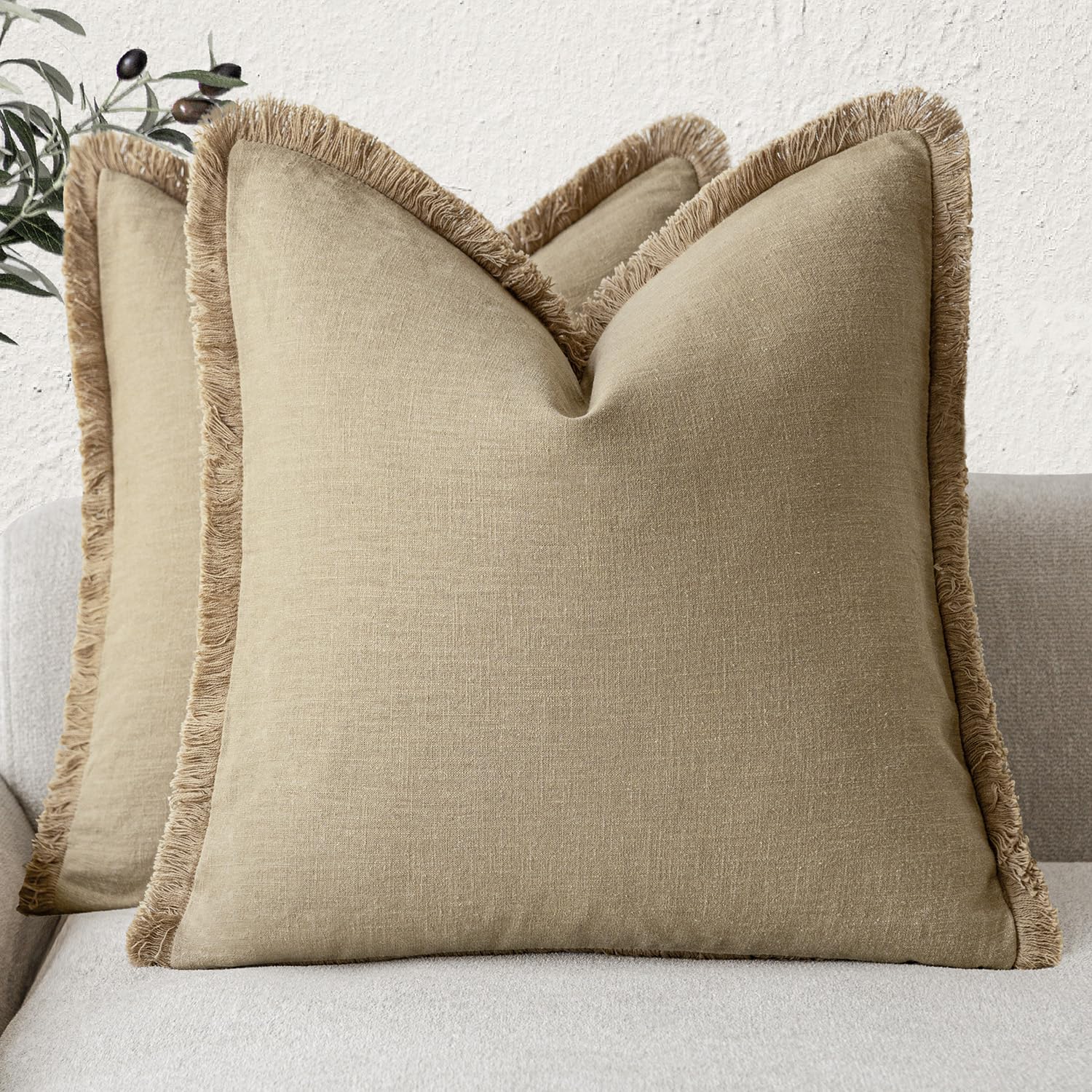 Foindtower Set of 2 Decorative Linen Fringe Throw Pillow Covers Boho Farmhouse Cushion Cover with Tassels Soft Accent Pillowcase for Couch Chair Sofa Bed Living Room Home Decor,20×20 Inch,Sky Blue