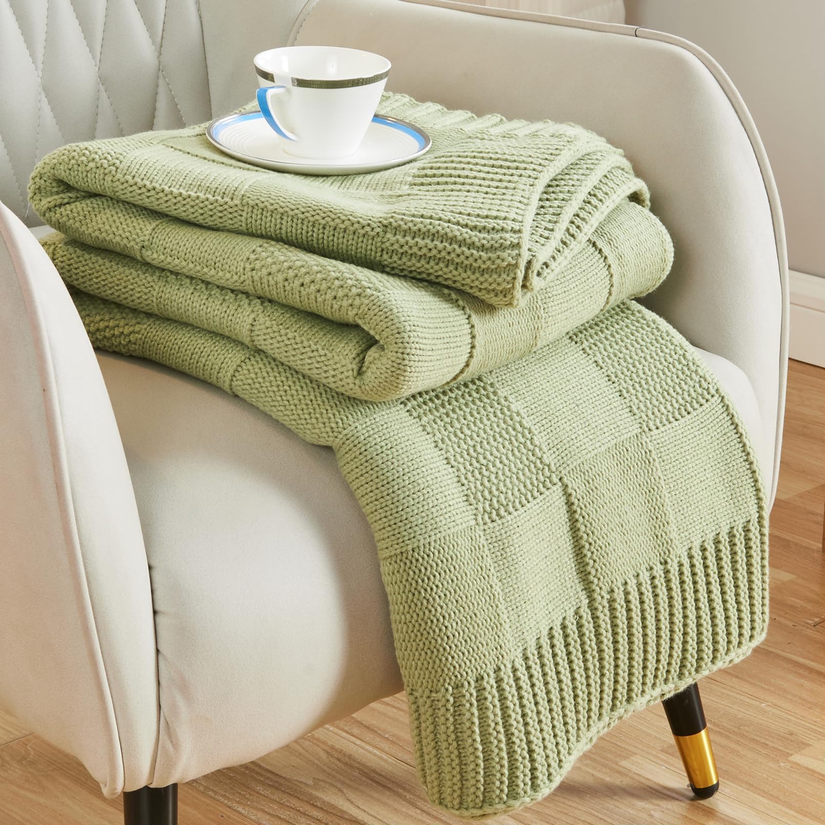CozeCube Check Knit Throw Blanket, Olive Green Checkered Throw for Couch, Decorative Christmas Soft Cozy Warm Knitted Blanket for Bed Sofa Living Room, 50"X60"