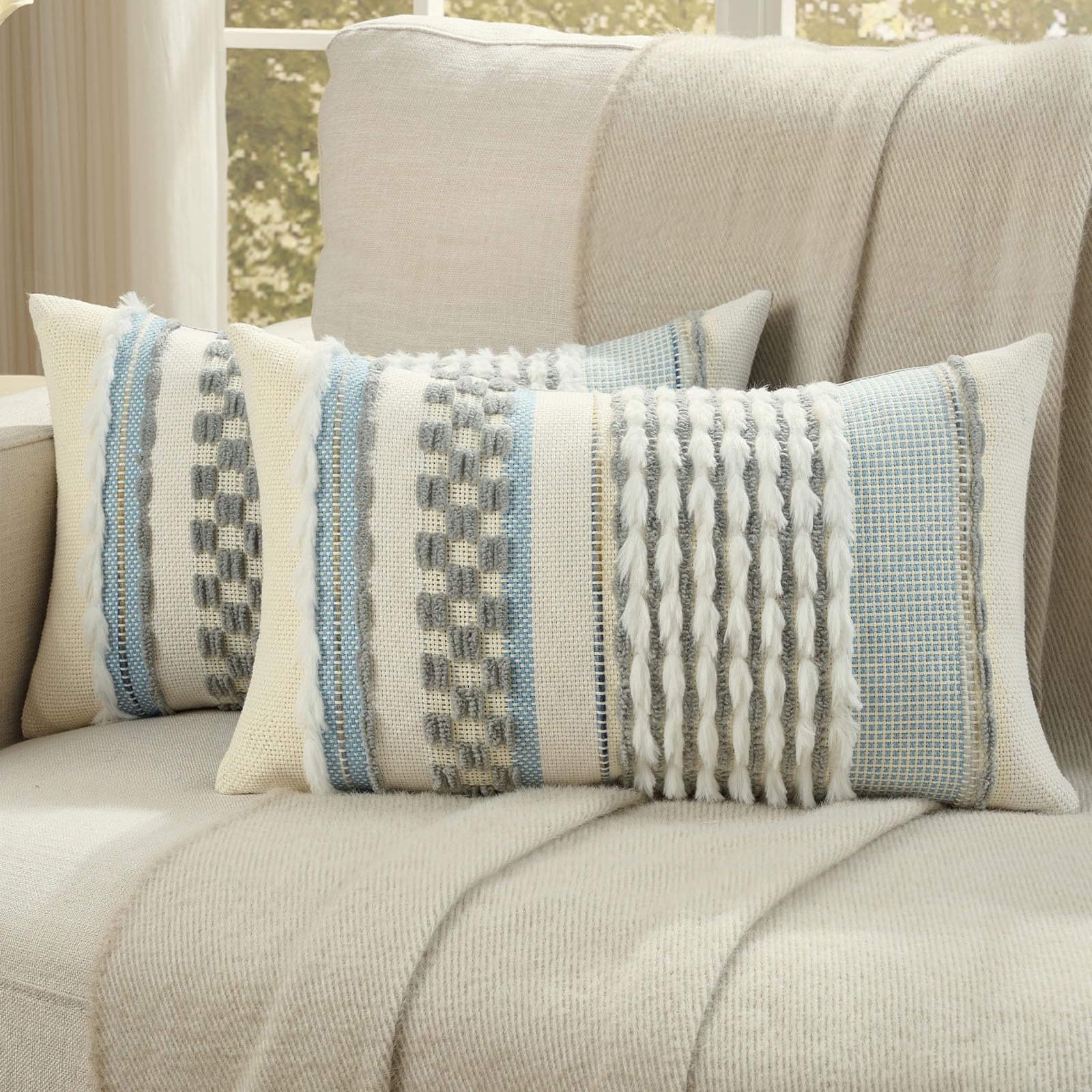 FUTEI Pack of 2 Boho Chenille Decorative Throw Pillow Covers 18x18 Inch Soft Plush Tufted Striped Textured Cushion Case,Farmhouse Accent for Couch Bed Living Room, Orange
