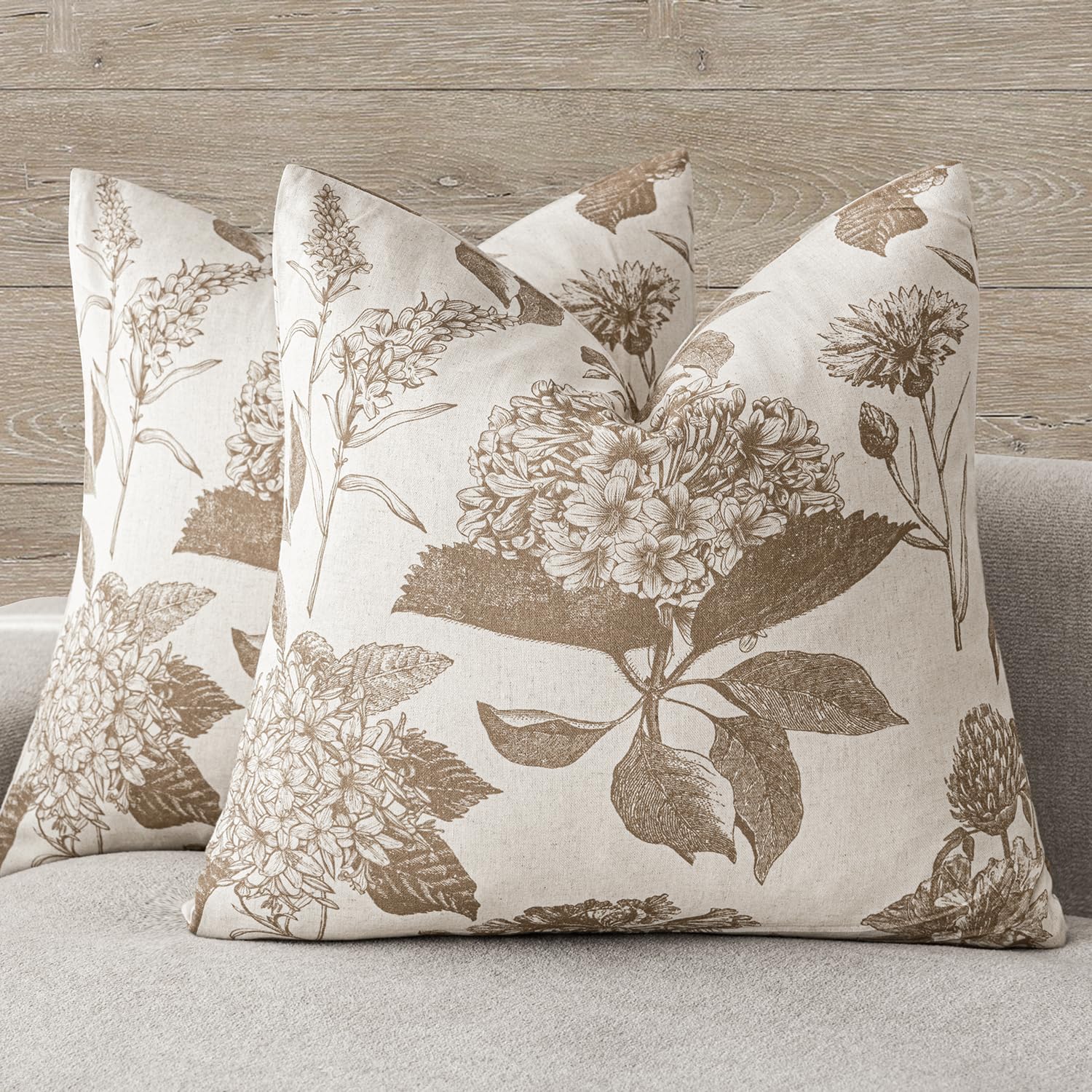 Foindtower Set of 2 Linen Floral Throw Pillow Covers Neutral Vintage Print Decorative Cushion Covers Farmhouse Boho Home Decor for Sofa Chair Couch Bedroom Living Room,22×22 Inch,Sage Green