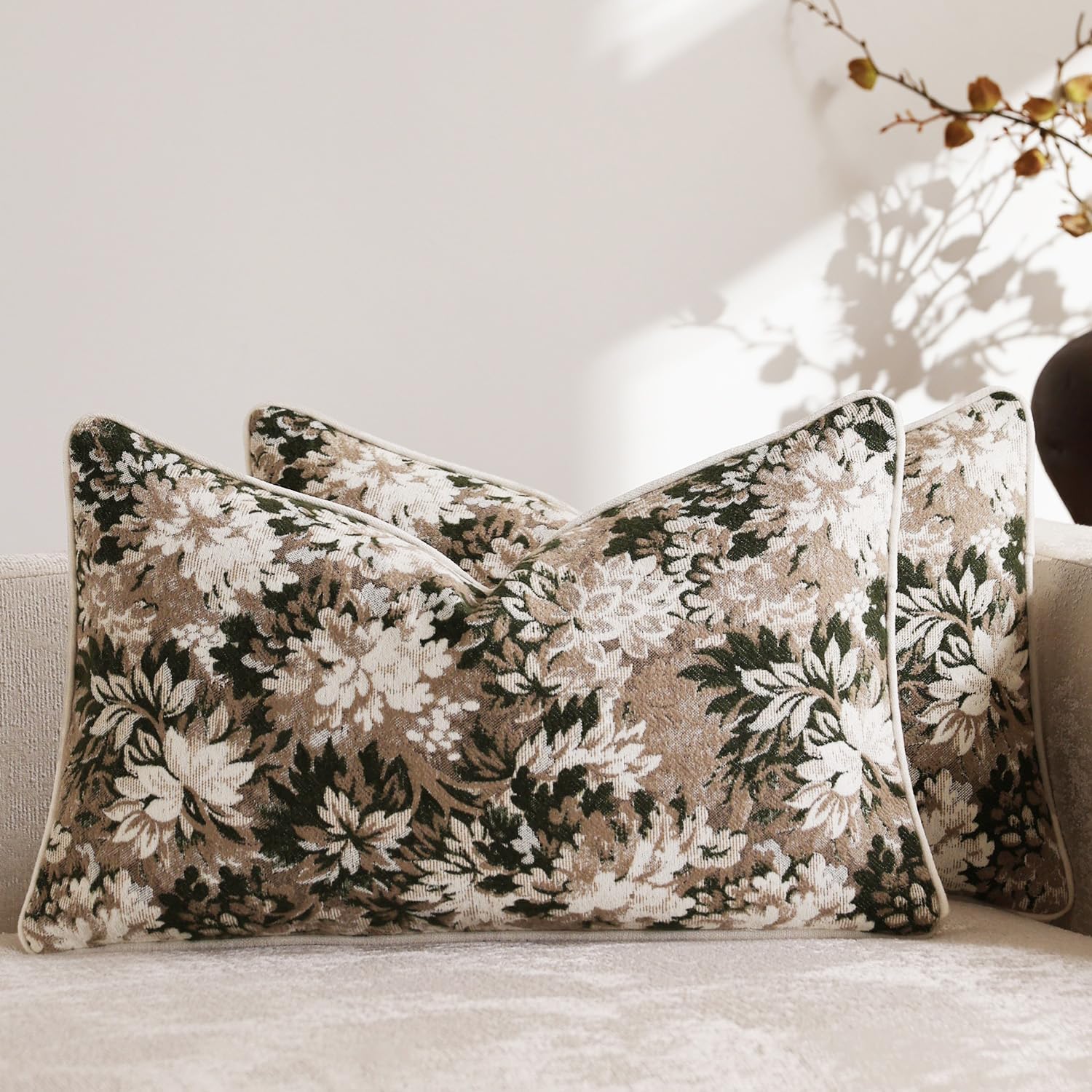 DEZENE Pack of 2 Vintage Floral Throw Pillow Covers 20x20 Boho Farmhouse Accents Chenille Square Decorative Pillow Cases for Living Room Couch Bed Home Decor, Dark Brown