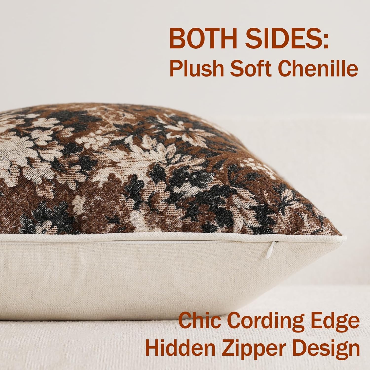 DEZENE Pack of 2 Vintage Floral Throw Pillow Covers 20x20 Boho Farmhouse Accents Chenille Square Decorative Pillow Cases for Living Room Couch Bed Home Decor, Dark Brown