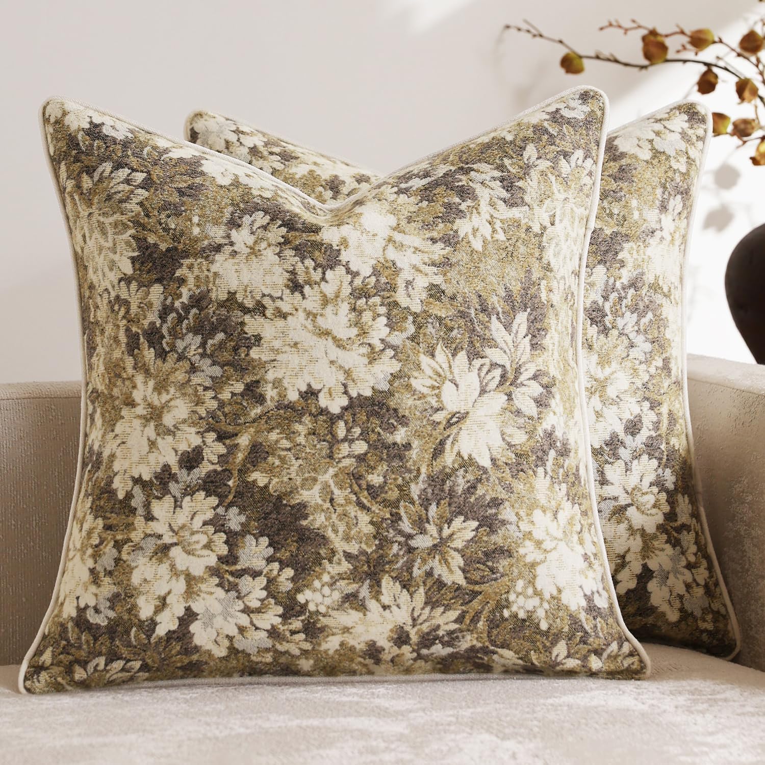 DEZENE Pack of 2 Vintage Floral Throw Pillow Covers 20x20 Boho Farmhouse Accents Chenille Square Decorative Pillow Cases for Living Room Couch Bed Home Decor, Dark Brown