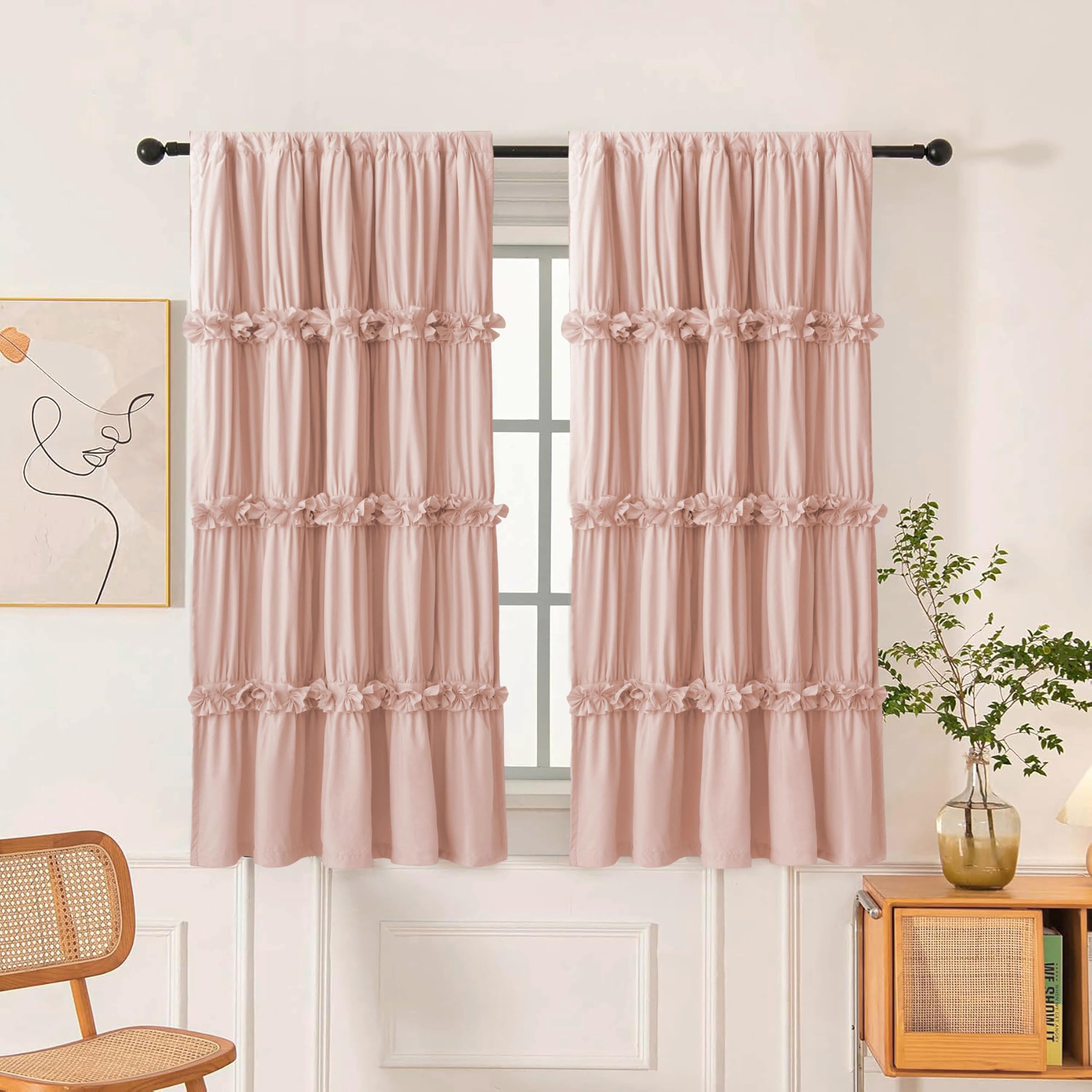 Homechoice Decor Thermal Insulated Blackout Window Curtains, 54" W x 84" L (Pair), Boho Ruched Window Treatments with 3 Rows of Butterfly Flowers, Rustic Rod Pocket Drapes for Room, Camel (LQ-30)