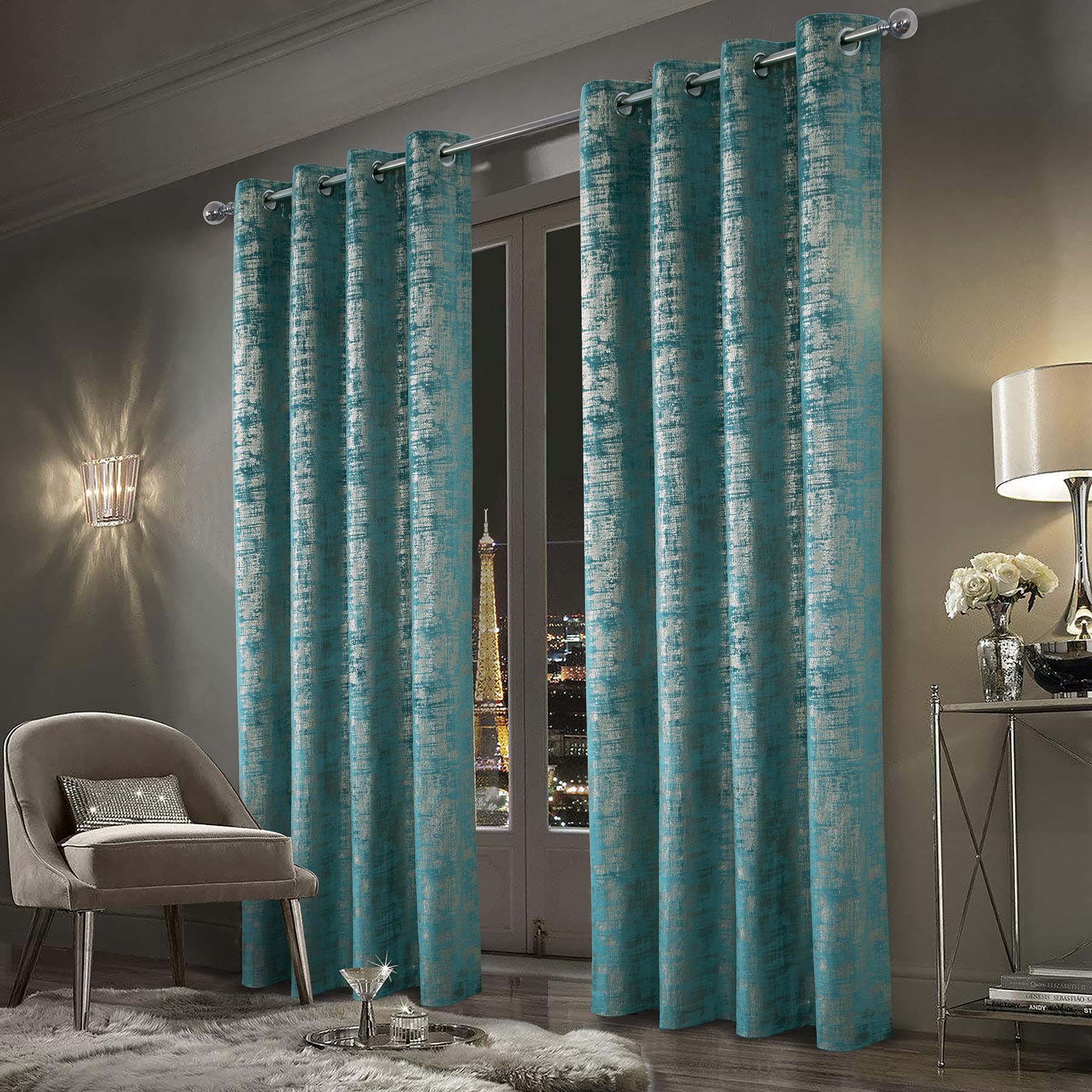 Mocha Velvet 108" Long Curtains with Gold Foil Print Set of 2 Luxury Window Treatments