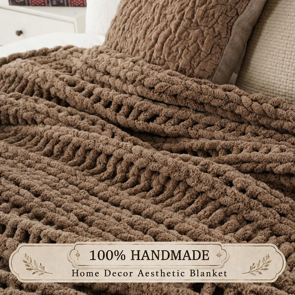 Battilo Chunky Knit Throw Blanket for Couch, Hand Made Chenille Throw Blanket, Super Soft Warm Cozy Taupe Blanket for Bed, Sofa, Living Room, 50"x60"