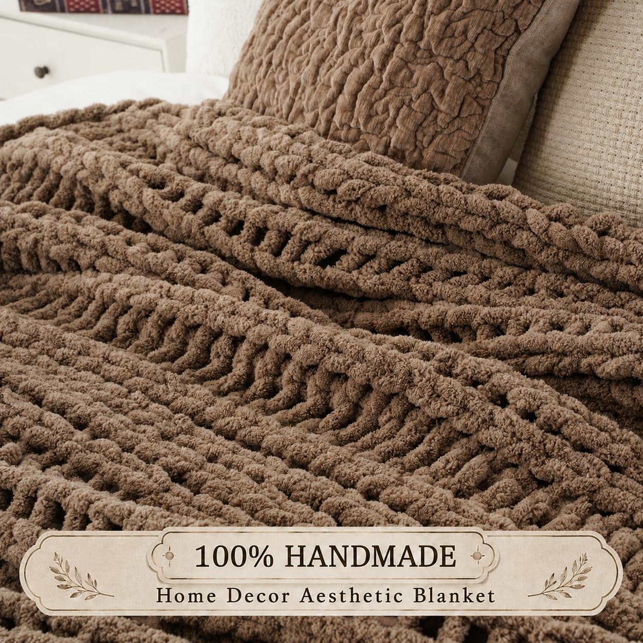 Battilo Chunky Knit Throw Blanket for Couch, Hand Made Chenille Throw Blanket, Super Soft Warm Cozy Taupe Blanket for Bed, Sofa, Living Room, 50"x60"