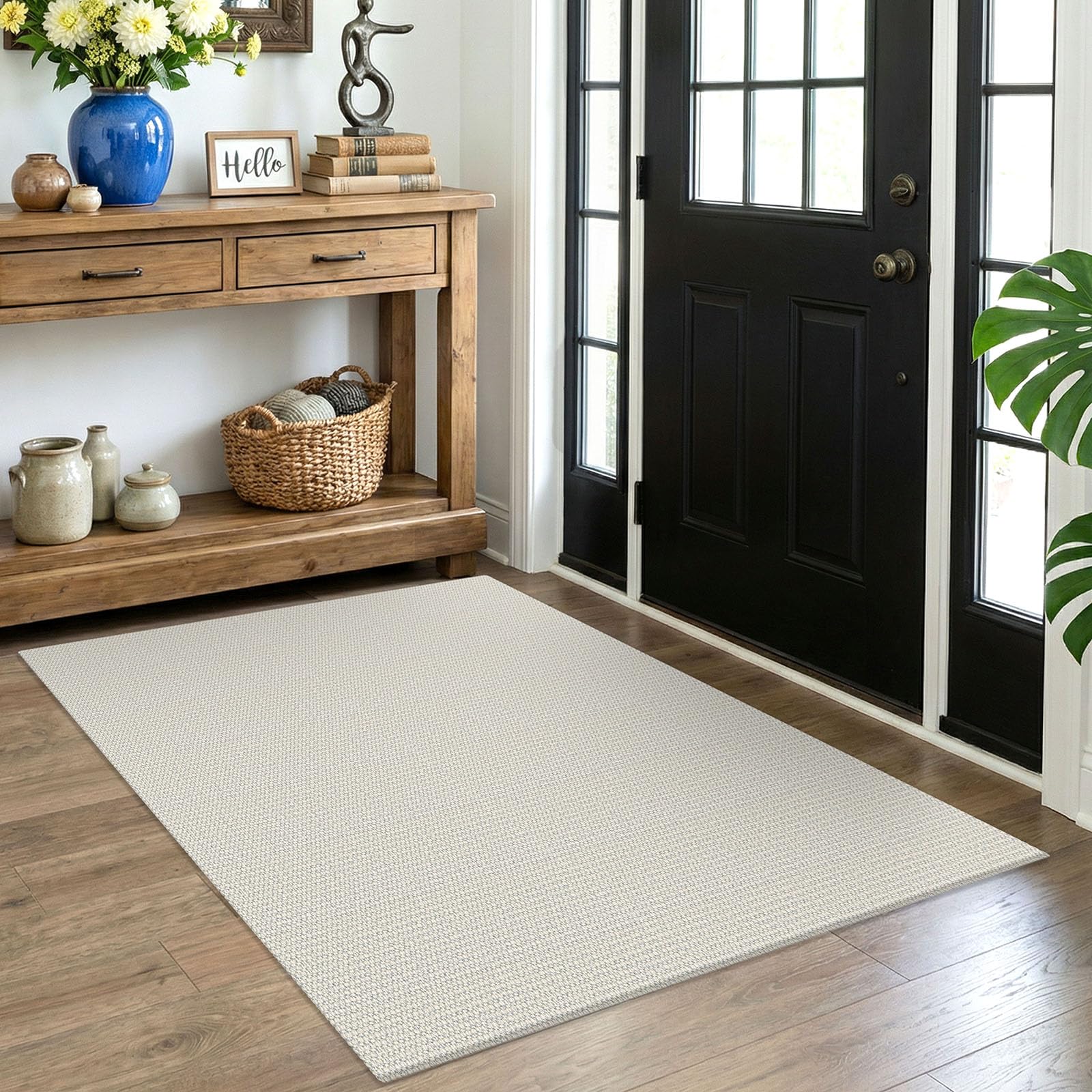 EARTHALL Washable Area Rug 4x6 Ft Non Slip Rugs for Entryway Braided Rubber Backed Bedroom Carpet Cotton Entry Rug Woven Floor Carpets for Bedroom Dining Room Living Room, Send/Beige