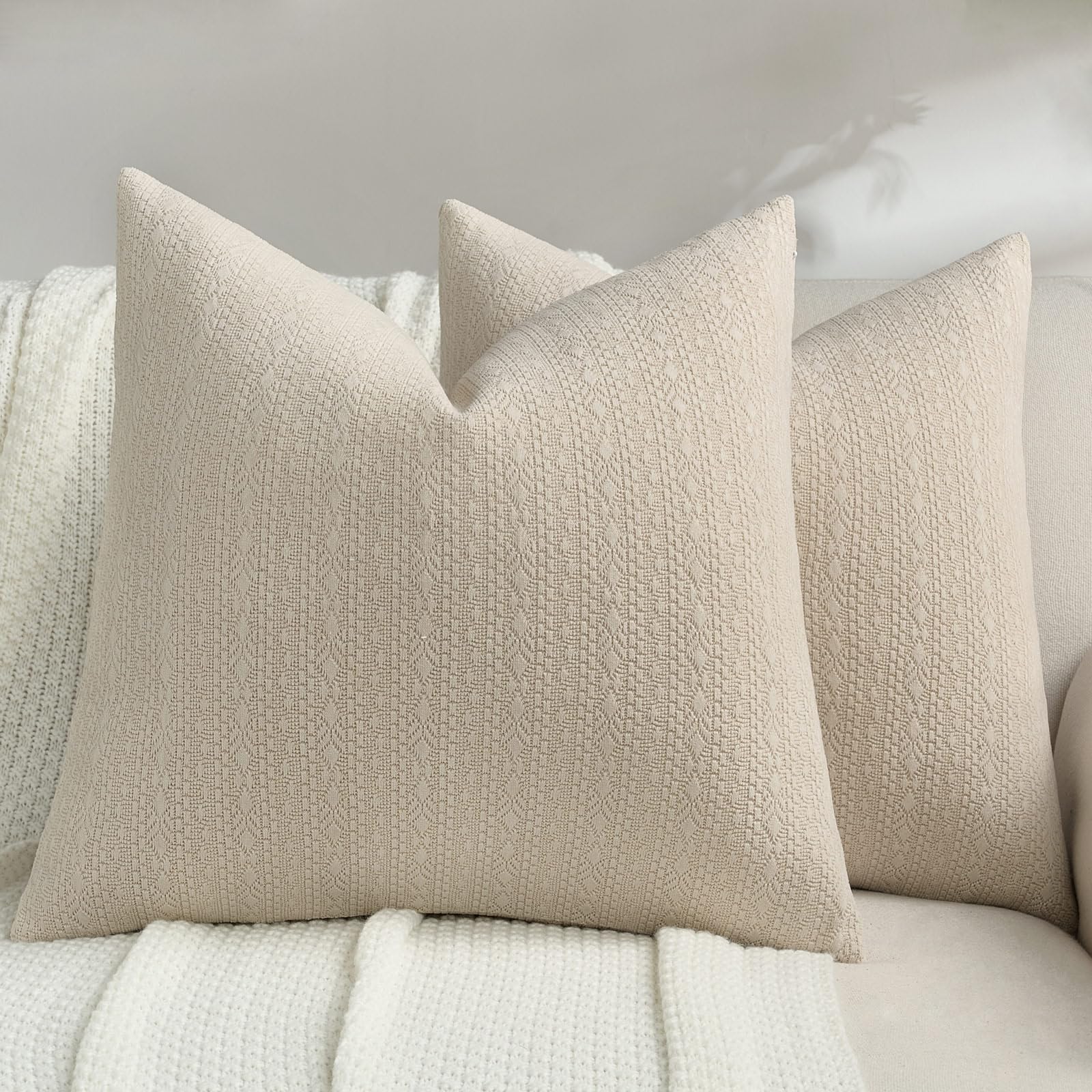 FUTEI Pack of 2 Solid Chenille Throw Pillow Covers 18x18 Inch Soft Farmhouse Decorative Accent Cushion Cases Modern Home Decor for Couch Living Room, Cream