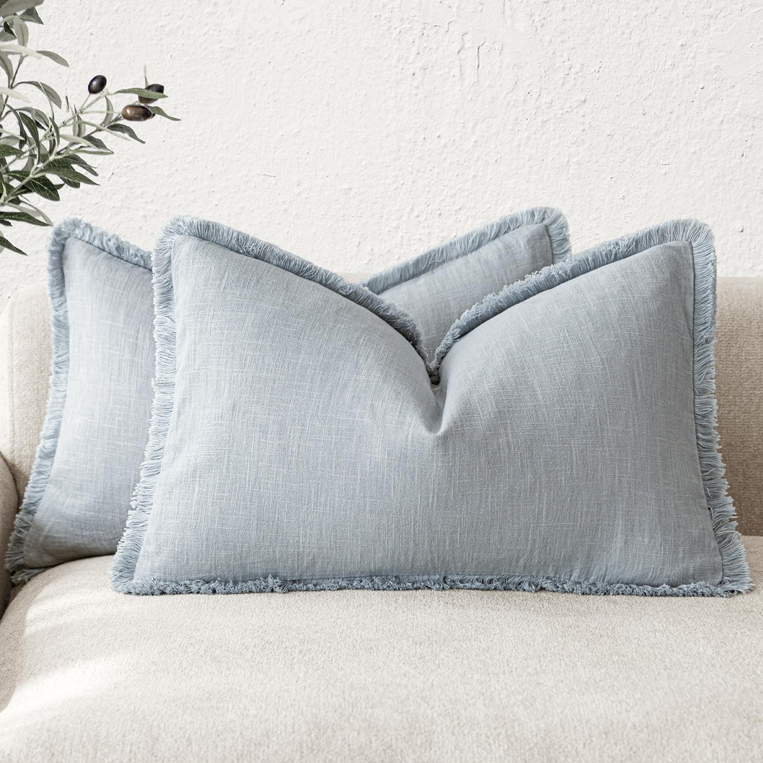 Foindtower Set of 2 Decorative Linen Fringe Throw Pillow Covers Boho Farmhouse Cushion Cover with Tassels Soft Accent Pillowcase for Couch Chair Sofa Bed Living Room Home Decor,20×20 Inch,Sky Blue
