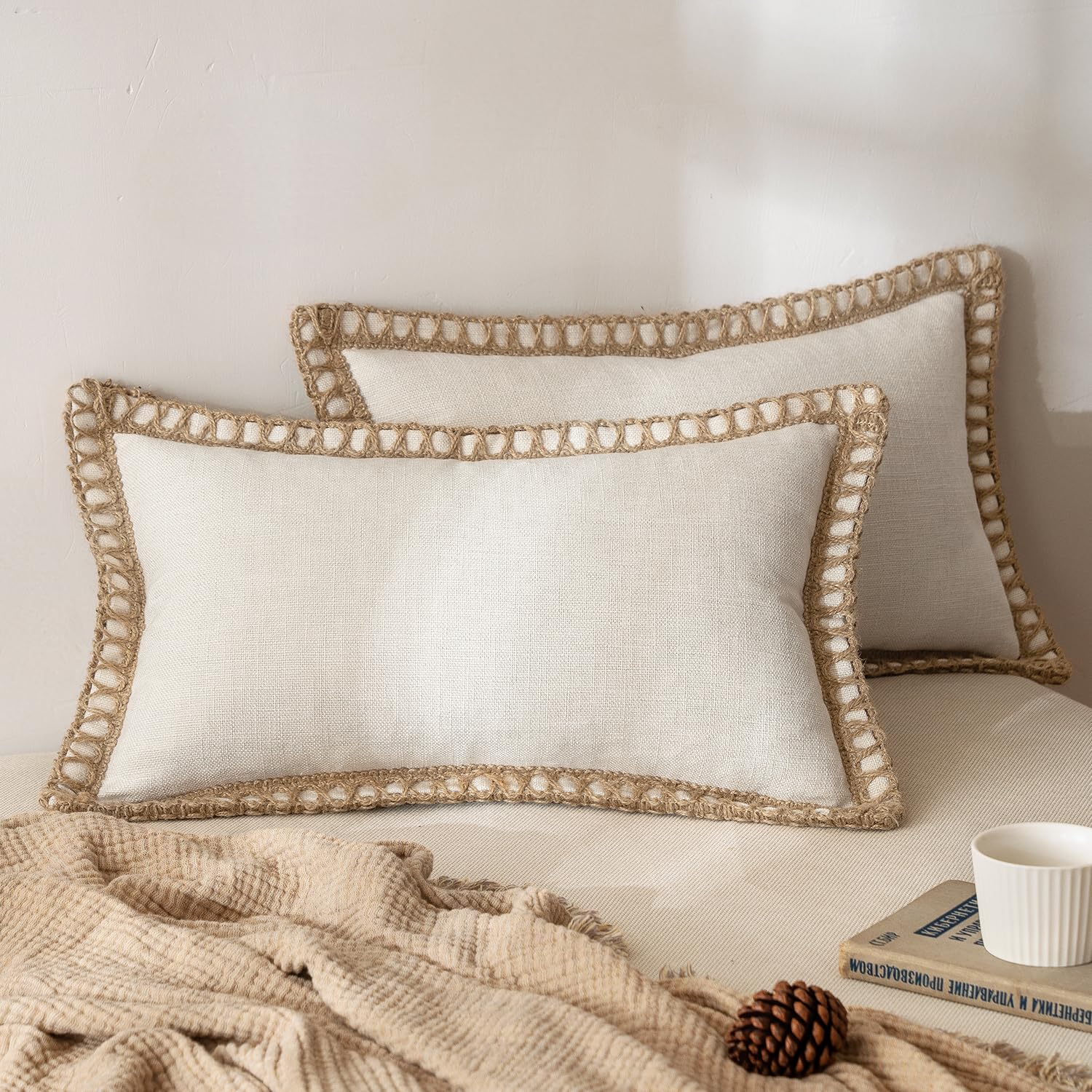 MIULEE Pack of 2 Decorative Throw Pillow Covers Modern Farmhouse Outdoor Pillow Covers Neutral Linen Burlap Cushions for Couch Bed Living Room Sofa, Natural White 18 x 18 inches 45 x 45 cm