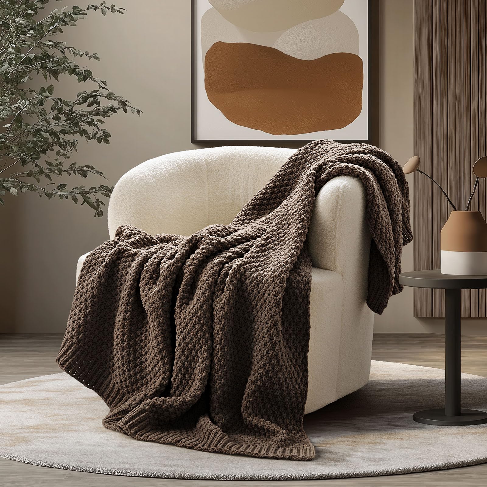 EVERGRACEHOME Chunky Chenille Knit Throw Blanket for Couch, Soft Luxurious Moss Stitch Blankets for Bed, Cozy Decorative Farmhouse Knitted Throws for Sofa, Mocha Brown, 50" x 60"