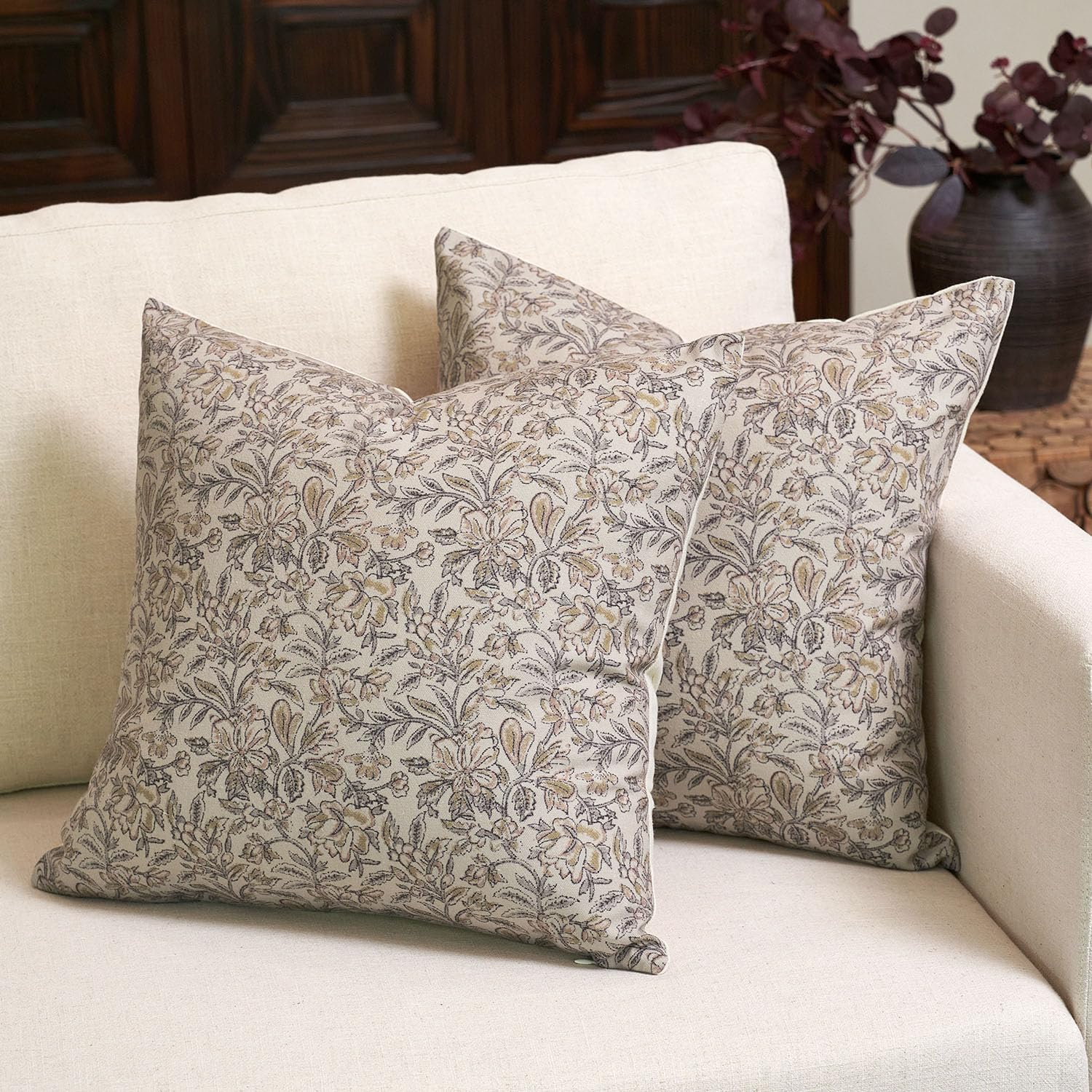 Amor Virisso Floral Throw Pillow Covers 20x20 Set of 2 Vintage Block Print Pillow Covers Decorative Pillow Covers Couch Pillows for Living Room Farmhouse Accent Sofa Pillows, Red/Sand