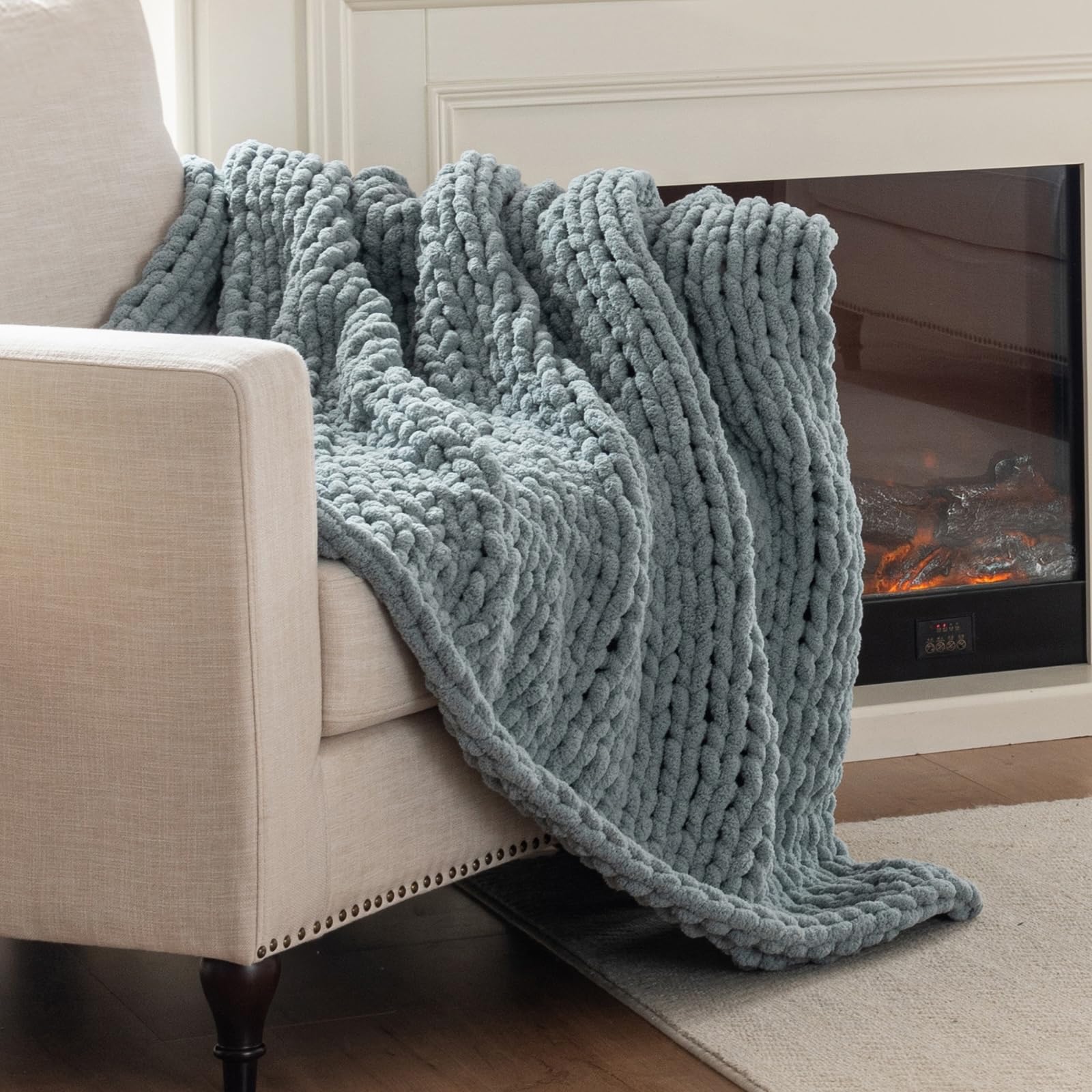 Chunky Knit Blanket Throw, 100% Hand Knit Throw Blanket Handmade Chenille Cable Knit Throw for Couch, Stylish Cozy Soft Rope Knot Crochet Blanket for Home Decor, Beige Linen, 50x60 Inches