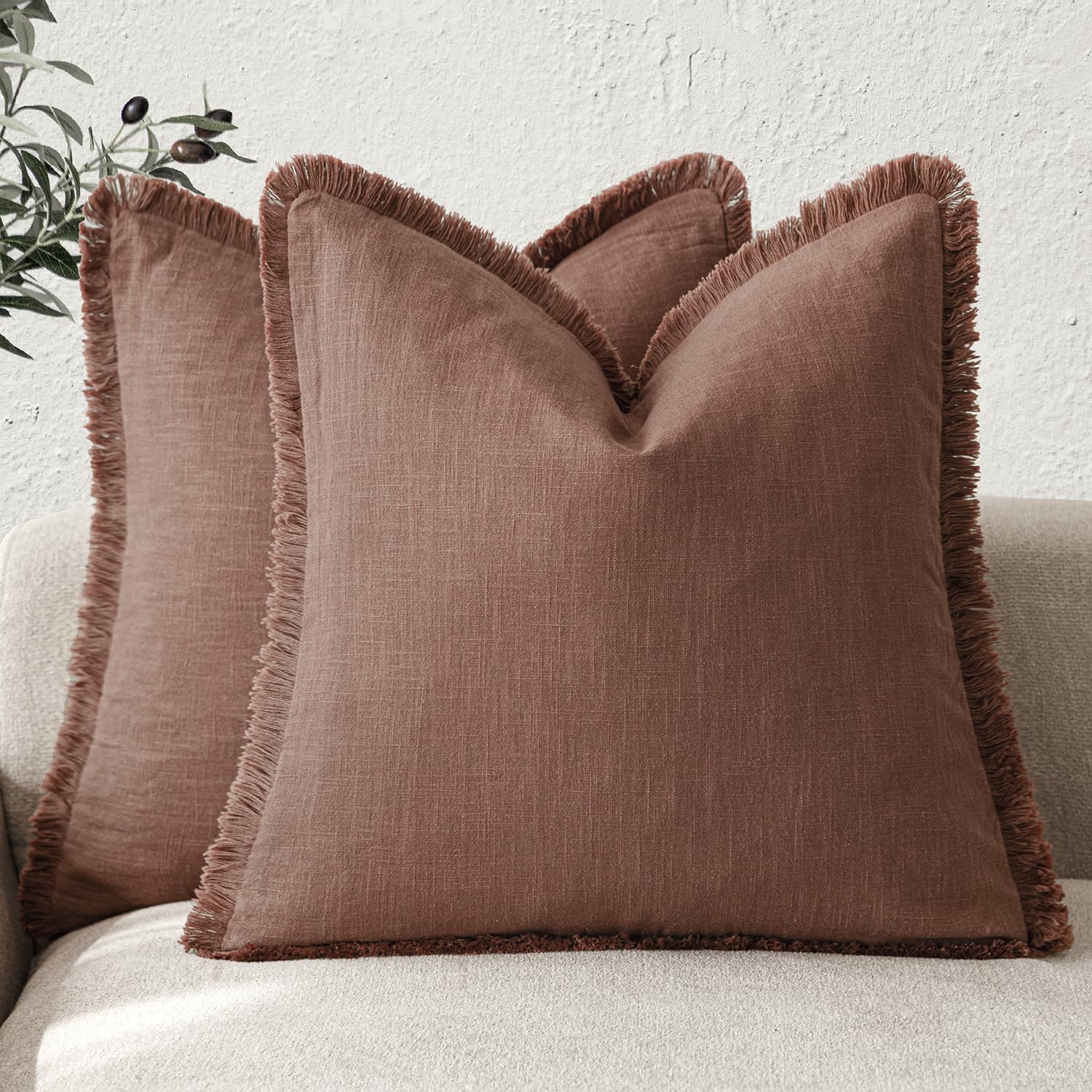 Foindtower Set of 2 Decorative Linen Fringe Throw Pillow Covers Boho Farmhouse Cushion Cover with Tassels Soft Accent Pillowcase for Couch Chair Sofa Bed Living Room Home Decor,20×20 Inch,Sky Blue