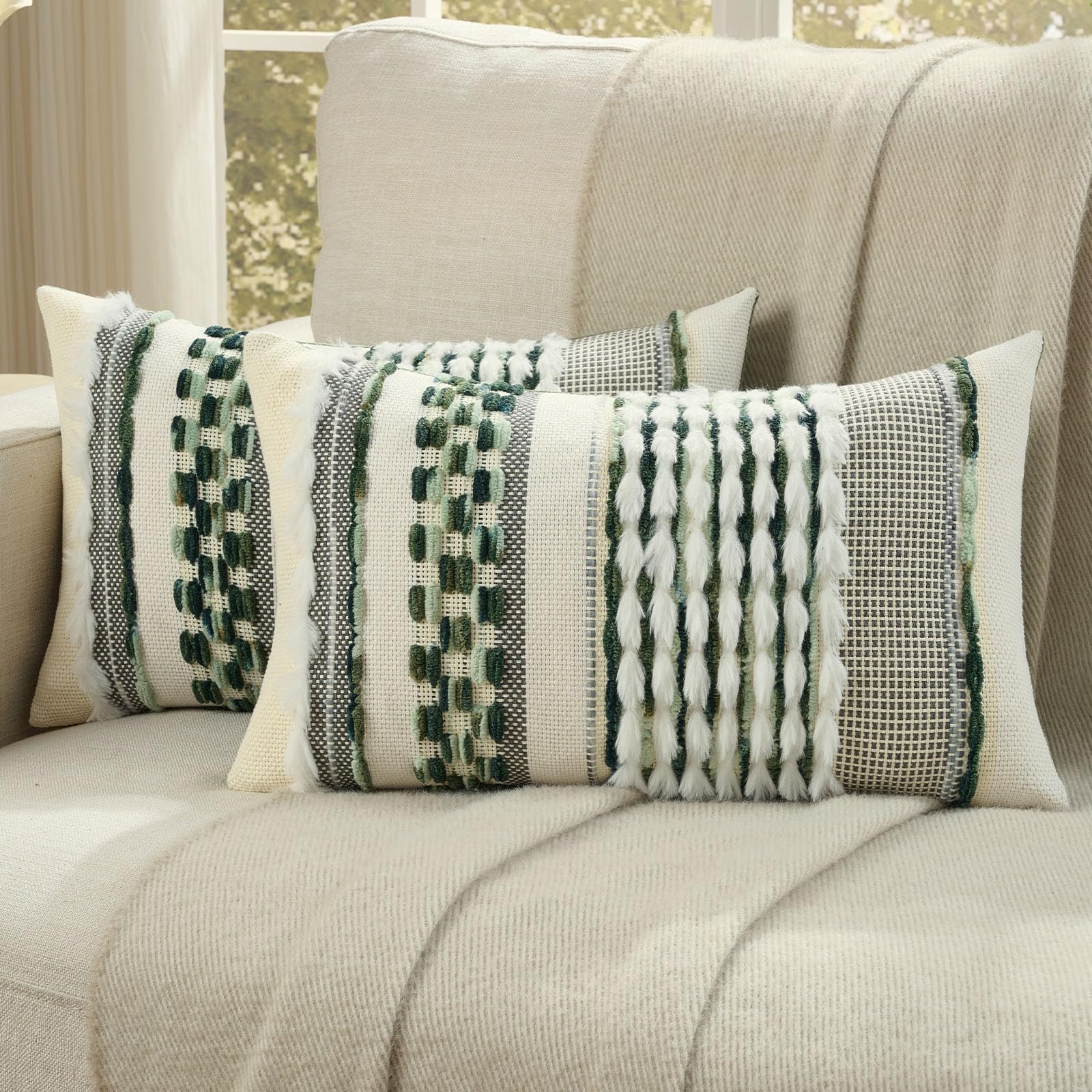 FUTEI Pack of 2 Boho Chenille Decorative Throw Pillow Covers 18x18 Inch Soft Plush Tufted Striped Textured Cushion Case,Farmhouse Accent for Couch Bed Living Room, Orange