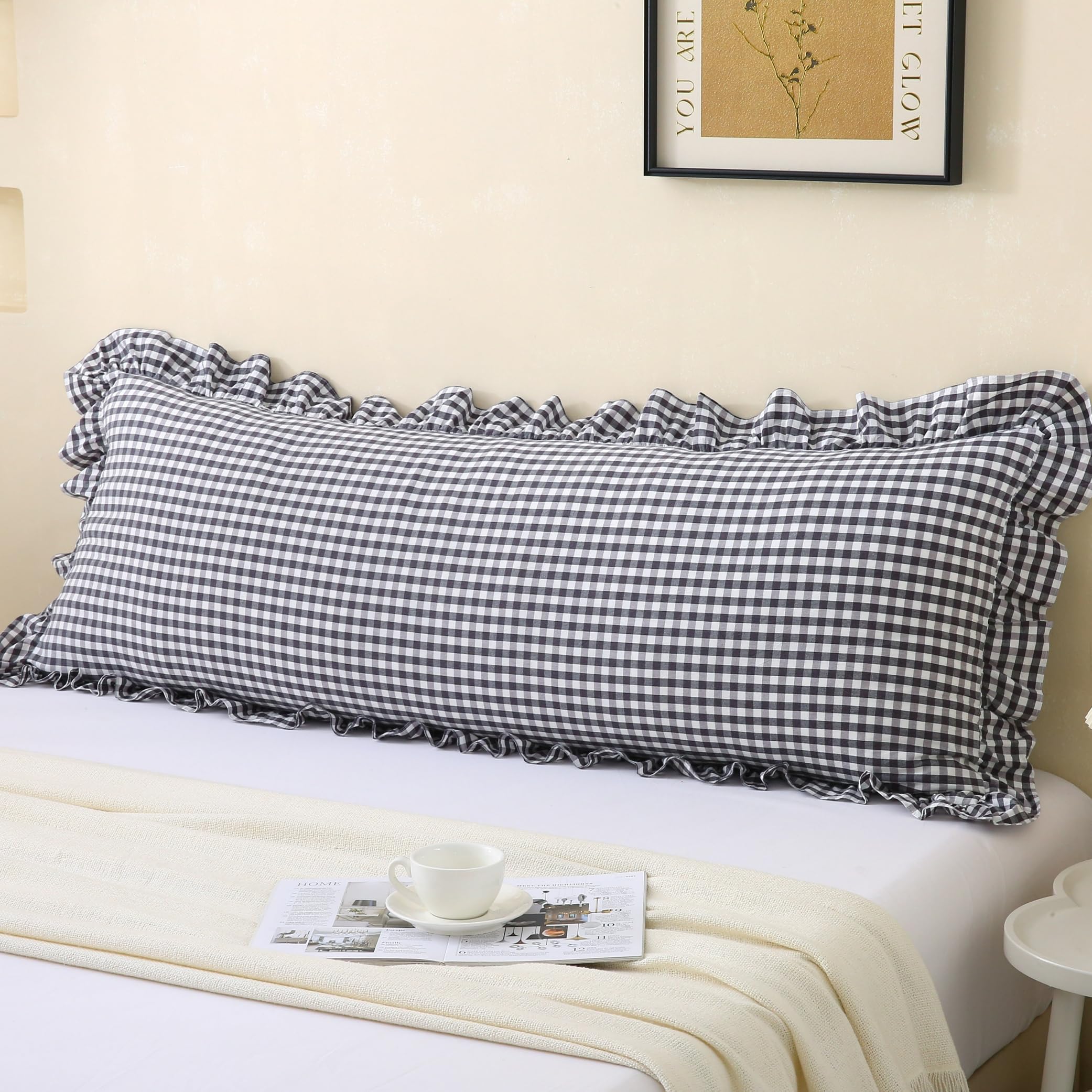 18x18 Taupe White Checkered Cotton Pillow Covers Ruffle Trim Zipper Decor Cushion Cases Set of 2