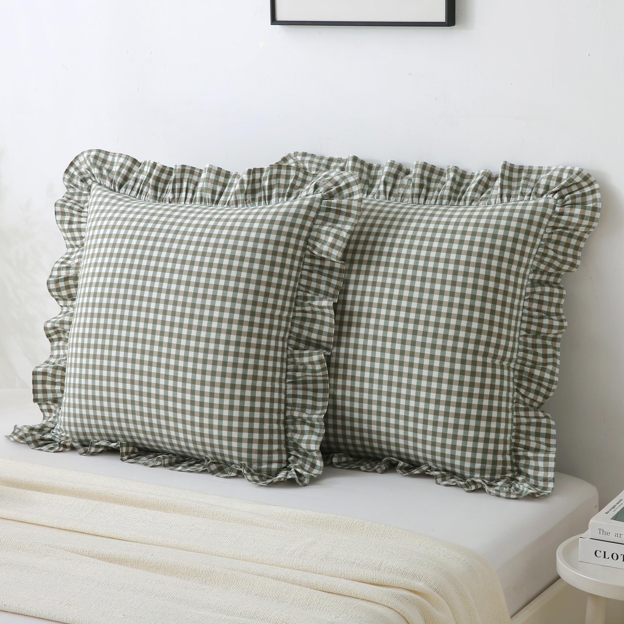 18x18 Taupe White Checkered Cotton Pillow Covers Ruffle Trim Zipper Decor Cushion Cases Set of 2