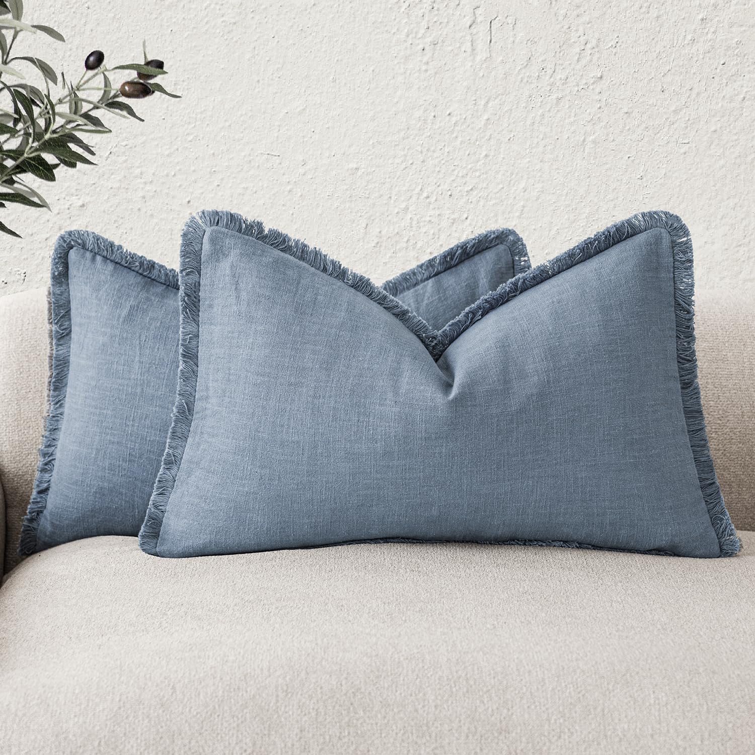 Foindtower Set of 2 Decorative Linen Fringe Throw Pillow Covers Boho Farmhouse Cushion Cover with Tassels Soft Accent Pillowcase for Couch Chair Sofa Bed Living Room Home Decor,20×20 Inch,Sky Blue