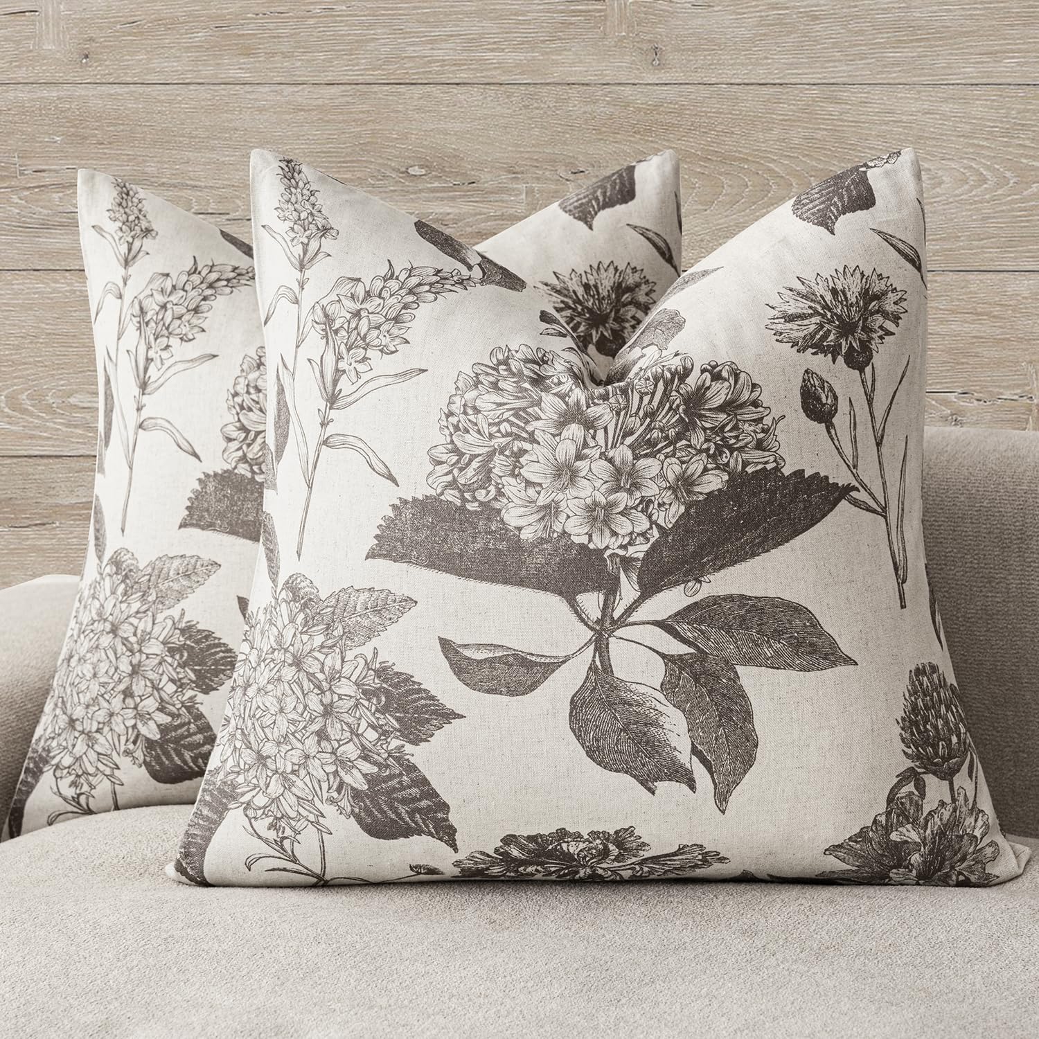Foindtower Set of 2 Linen Floral Throw Pillow Covers Neutral Vintage Print Decorative Cushion Covers Farmhouse Boho Home Decor for Sofa Chair Couch Bedroom Living Room,22×22 Inch,Sage Green