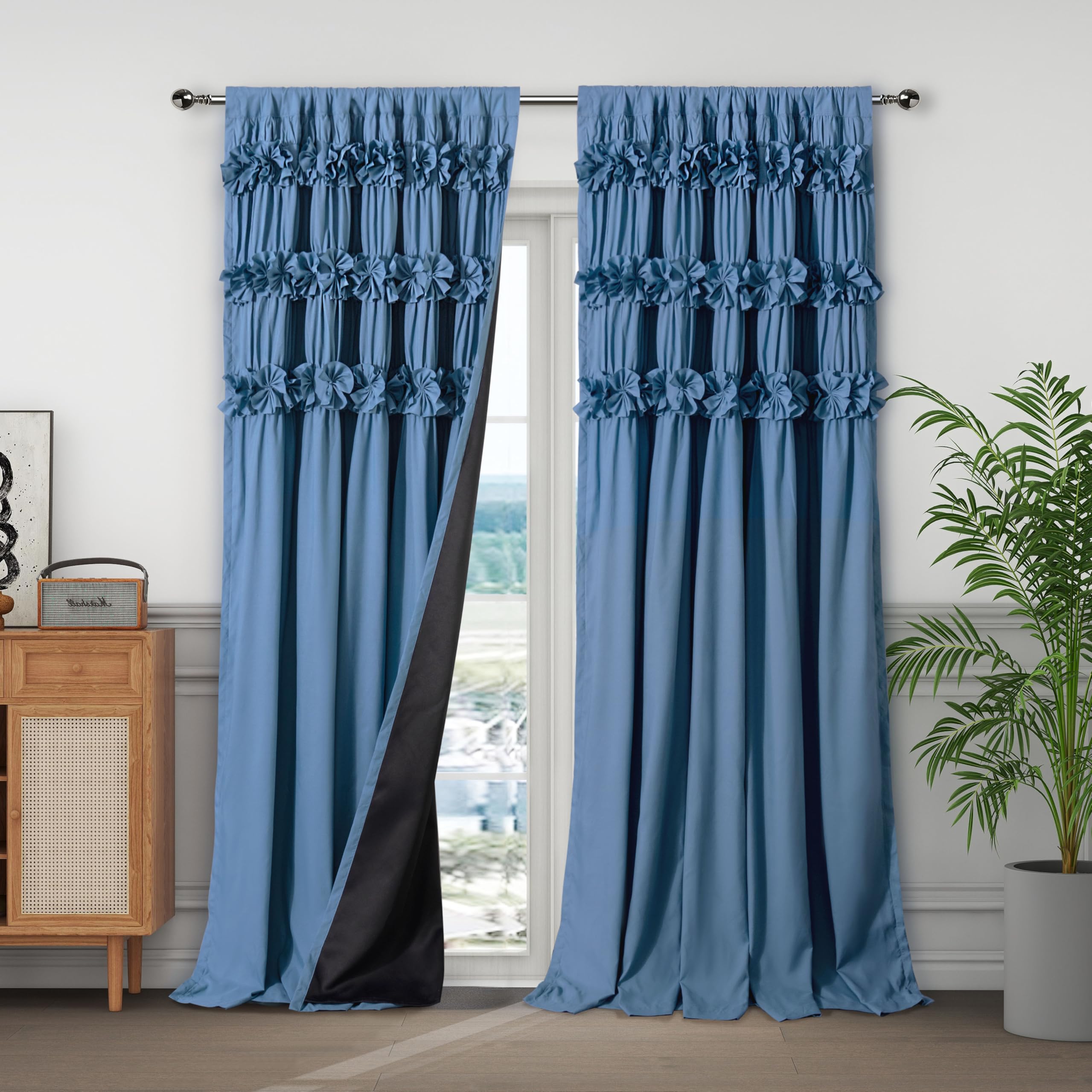 Homechoice Decor Camel Blackout Curtains with Handmade Ruffles, Butterfly Flower Embellishments for Thermal Insulated Room Darkening Drapes, 42" W x 63" L (Pair) for Bedroom, Living Room (LQ-37)