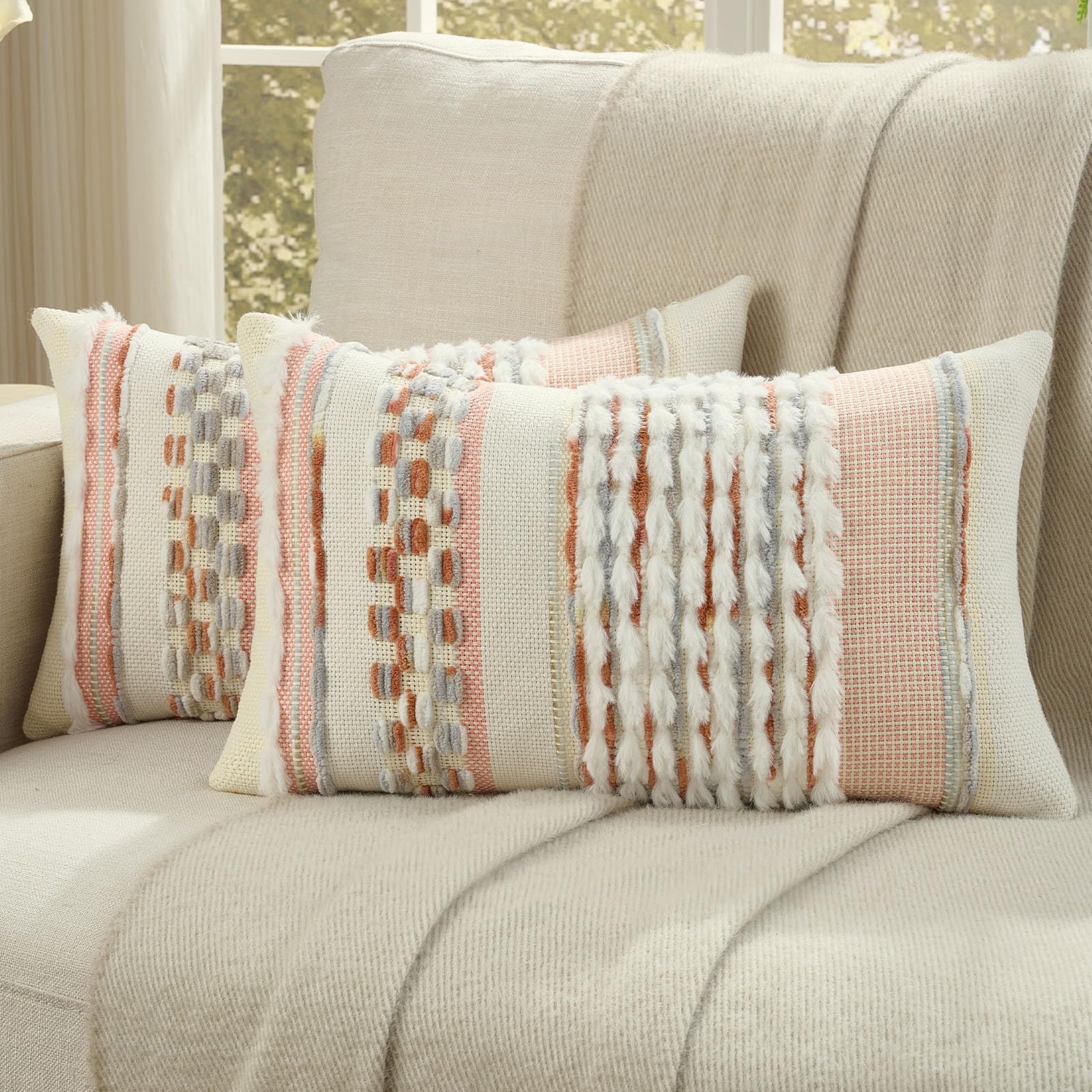 FUTEI Pack of 2 Boho Chenille Decorative Throw Pillow Covers 18x18 Inch Soft Plush Tufted Striped Textured Cushion Case,Farmhouse Accent for Couch Bed Living Room, Orange