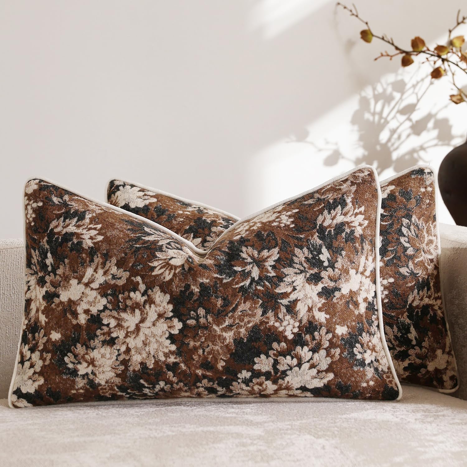 DEZENE Pack of 2 Vintage Floral Throw Pillow Covers 20x20 Boho Farmhouse Accents Chenille Square Decorative Pillow Cases for Living Room Couch Bed Home Decor, Dark Brown