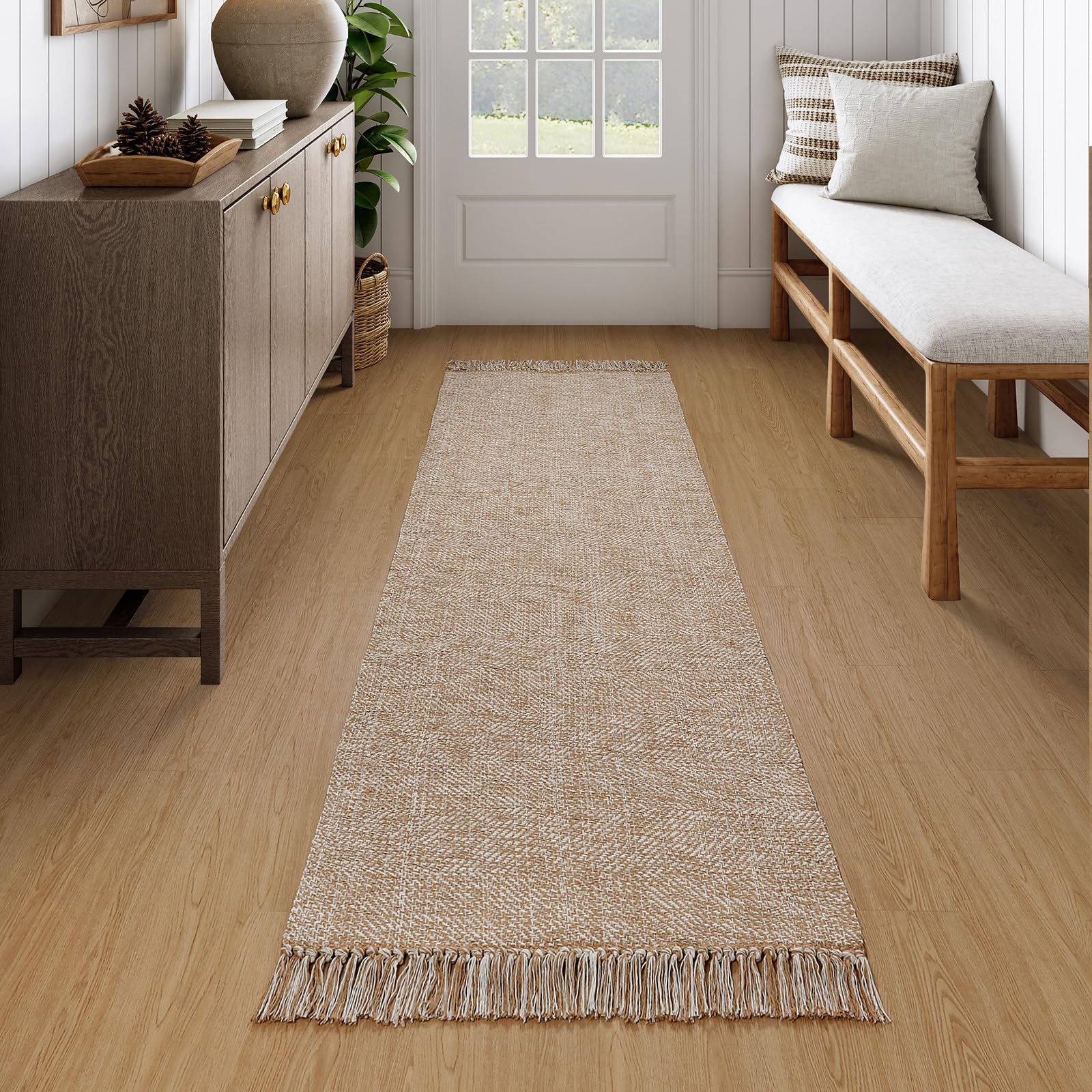 Collive Comfy Area Rug 4' x 6', Tan/Cream Woven Cotton Bedroom Rugs, Modern Indoor Accent Rug Floor Carpet with Tassel for Living Room, Nursery Room, Dining Room, Bedside, Office, Patio Decor