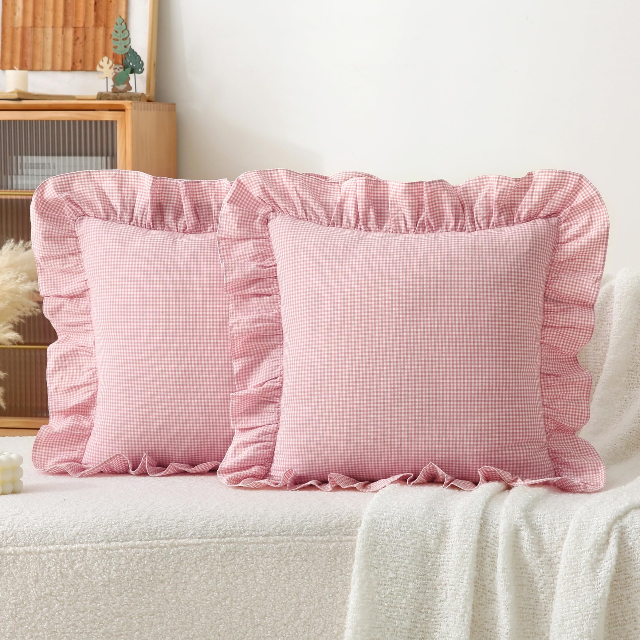 18x18 Taupe White Checkered Cotton Pillow Covers Ruffle Trim Zipper Decor Cushion Cases Set of 2
