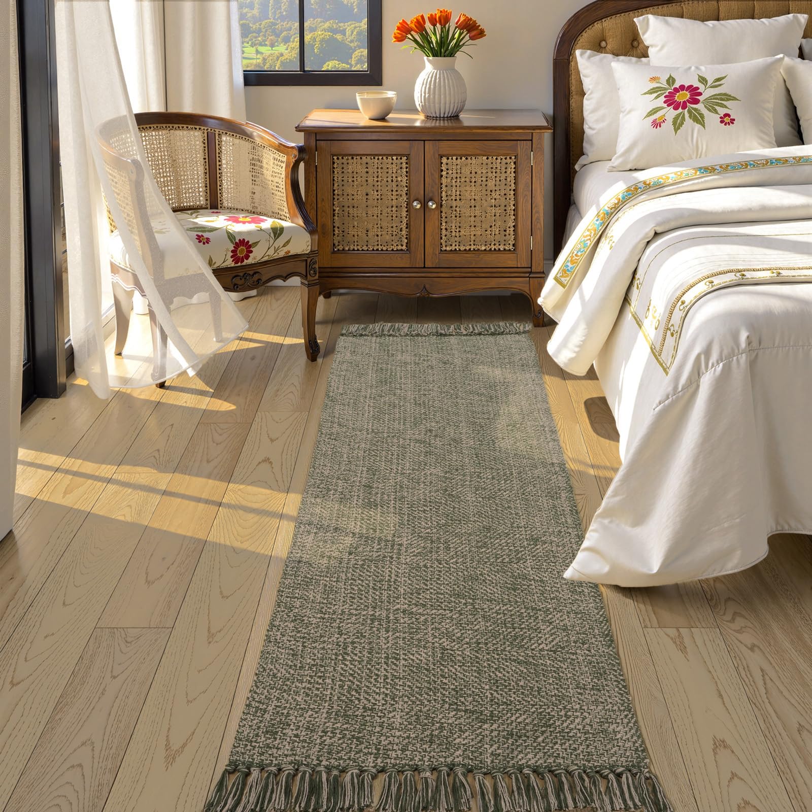 Collive Comfy Area Rug 4' x 6', Tan/Cream Woven Cotton Bedroom Rugs, Modern Indoor Accent Rug Floor Carpet with Tassel for Living Room, Nursery Room, Dining Room, Bedside, Office, Patio Decor