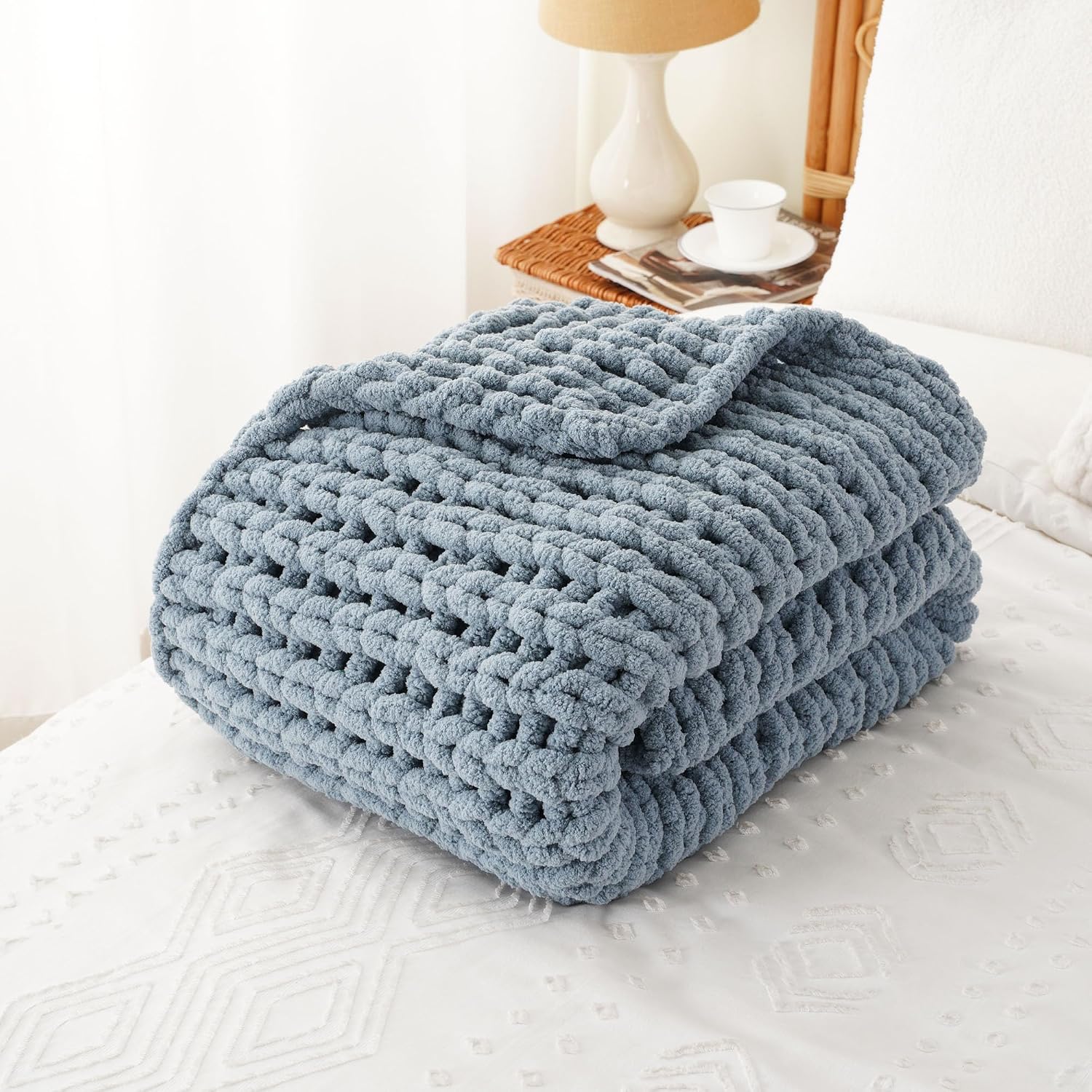 Battilo Chunky Knit Throw Blanket for Couch, Soft and Thick Chenille Throw Blanket, 50"x60" Handmade Cable Knit Crochet Blanket, Bluish Grey Knot Knitted Throw Blankets for Home Decor, Bluish Grey