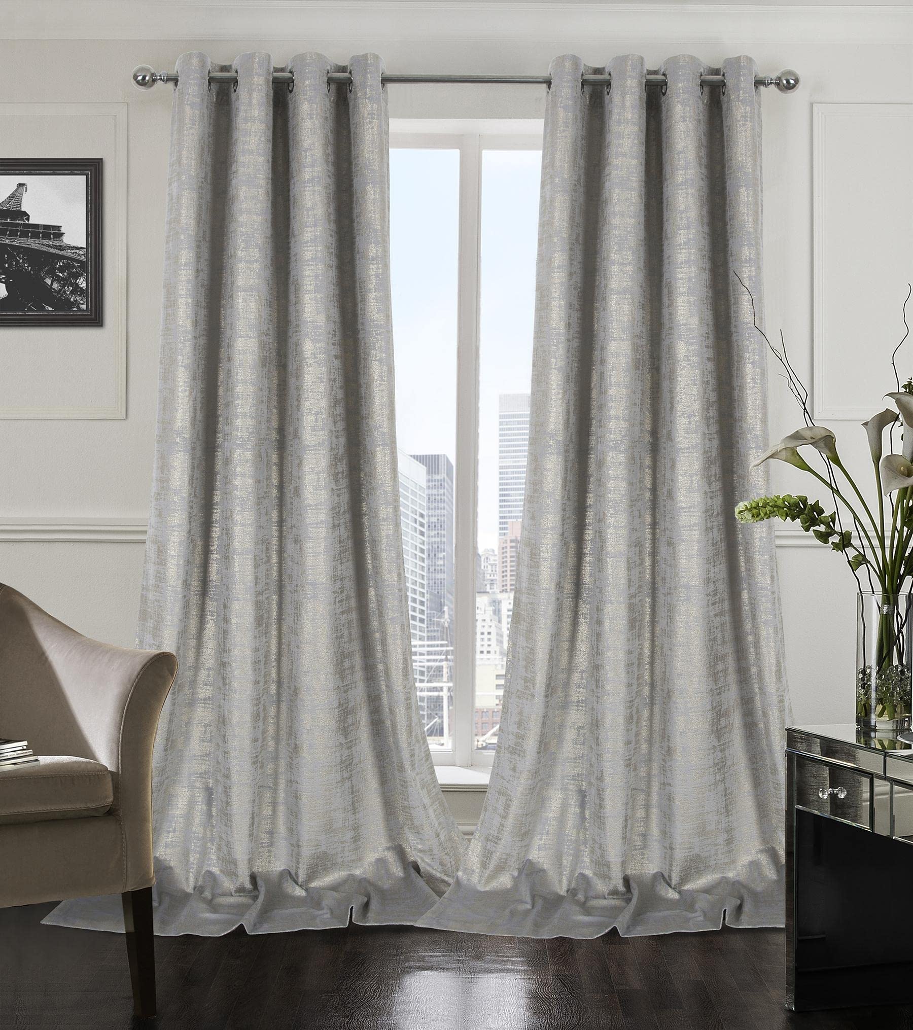 Mocha Velvet 108" Long Curtains with Gold Foil Print Set of 2 Luxury Window Treatments
