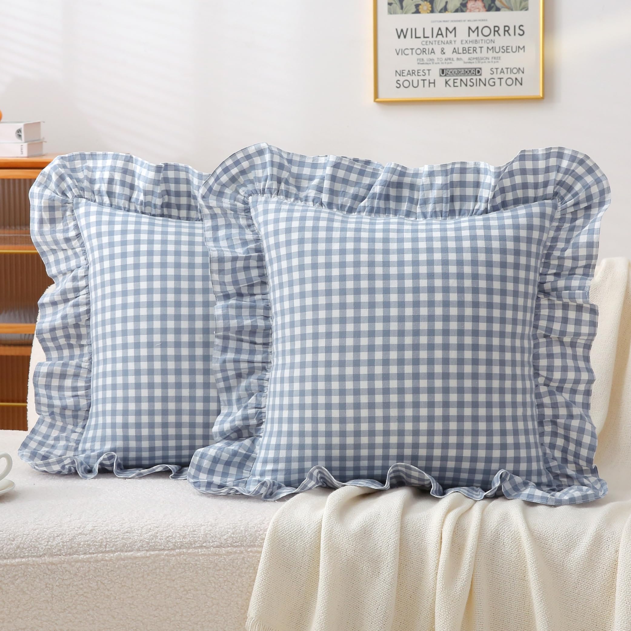 18x18 Taupe White Checkered Cotton Pillow Covers Ruffle Trim Zipper Decor Cushion Cases Set of 2