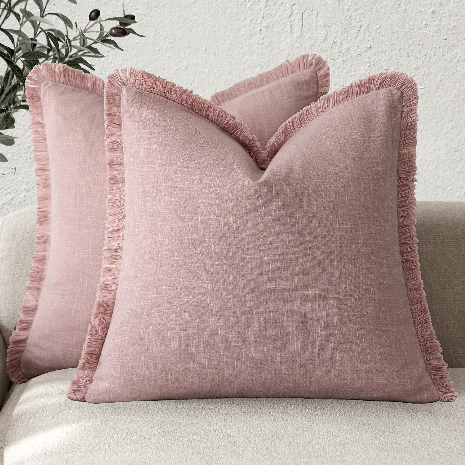 Foindtower Set of 2 Decorative Linen Fringe Throw Pillow Covers Boho Farmhouse Cushion Cover with Tassels Soft Accent Pillowcase for Couch Chair Sofa Bed Living Room Home Decor,20×20 Inch,Sky Blue