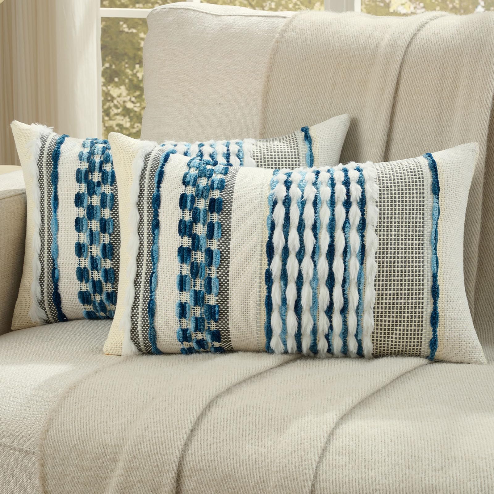FUTEI Pack of 2 Boho Chenille Decorative Throw Pillow Covers 18x18 Inch Soft Plush Tufted Striped Textured Cushion Case,Farmhouse Accent for Couch Bed Living Room, Orange