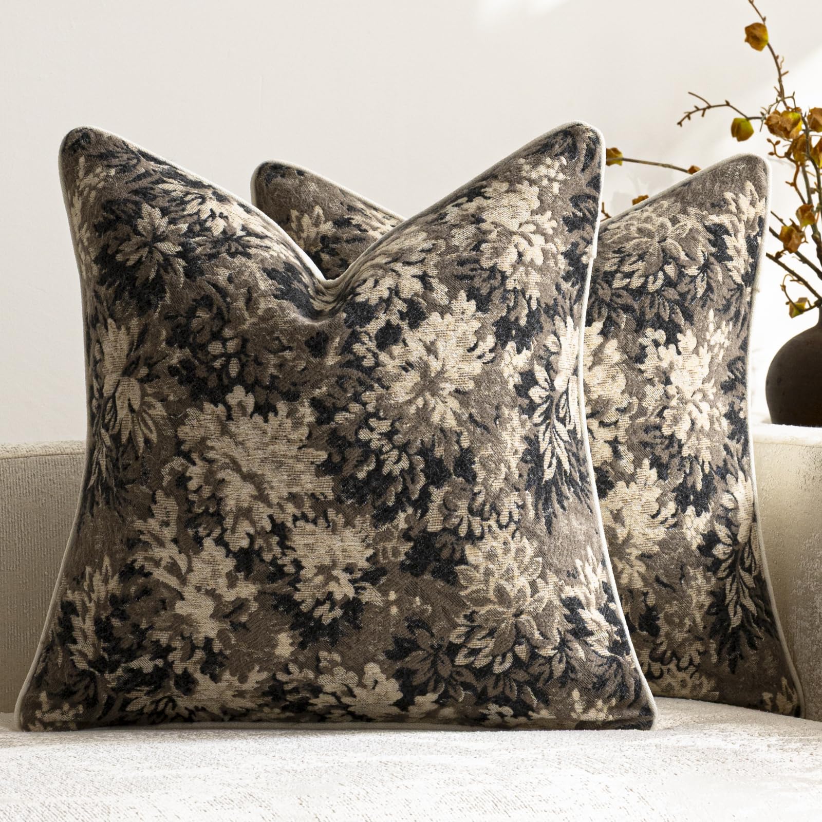 DEZENE Pack of 2 Vintage Floral Throw Pillow Covers 20x20 Boho Farmhouse Accents Chenille Square Decorative Pillow Cases for Living Room Couch Bed Home Decor, Dark Brown