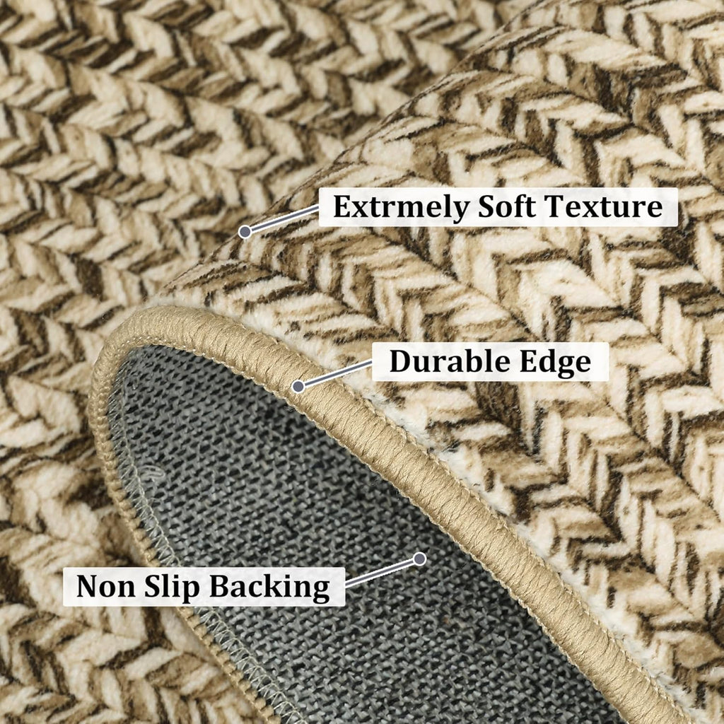 8x10 Natural Braided Washable Farmhouse Rug Non Slip Stain Resistant Low Pile Carpet