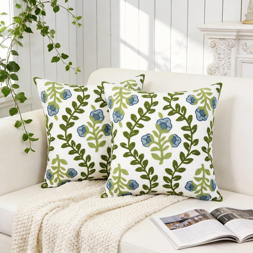 18 Inch Blue Floral Embroidered Cotton Pillow Covers Farmhouse Decor Set of 2