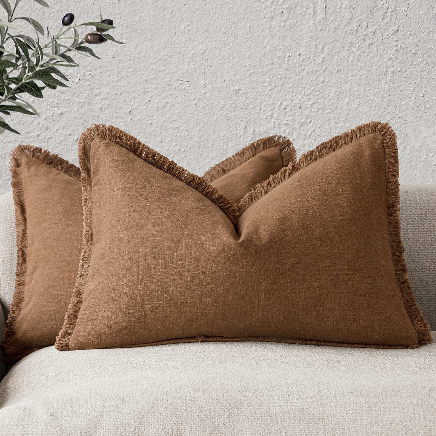 Foindtower Set of 2 Decorative Linen Fringe Throw Pillow Covers Boho Farmhouse Cushion Cover with Tassels Soft Accent Pillowcase for Couch Chair Sofa Bed Living Room Home Decor,20×20 Inch,Sky Blue